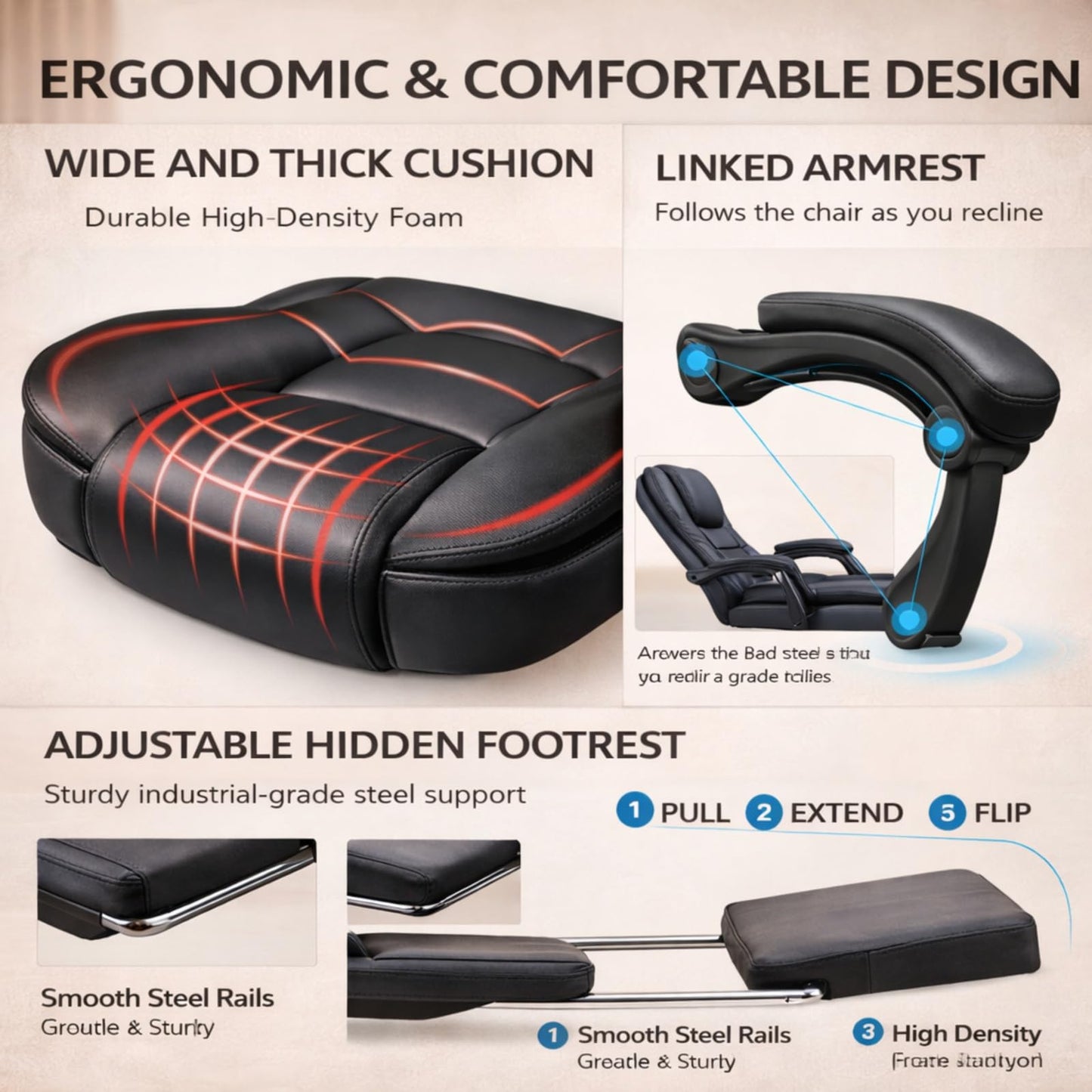 HIHOBDAY Office Desk Chair,Big & Tall Leather Gaming Chair with Footrest,Wide Ergonomic Comfy Executive High-Back Reclining Computer Chair,2-Point