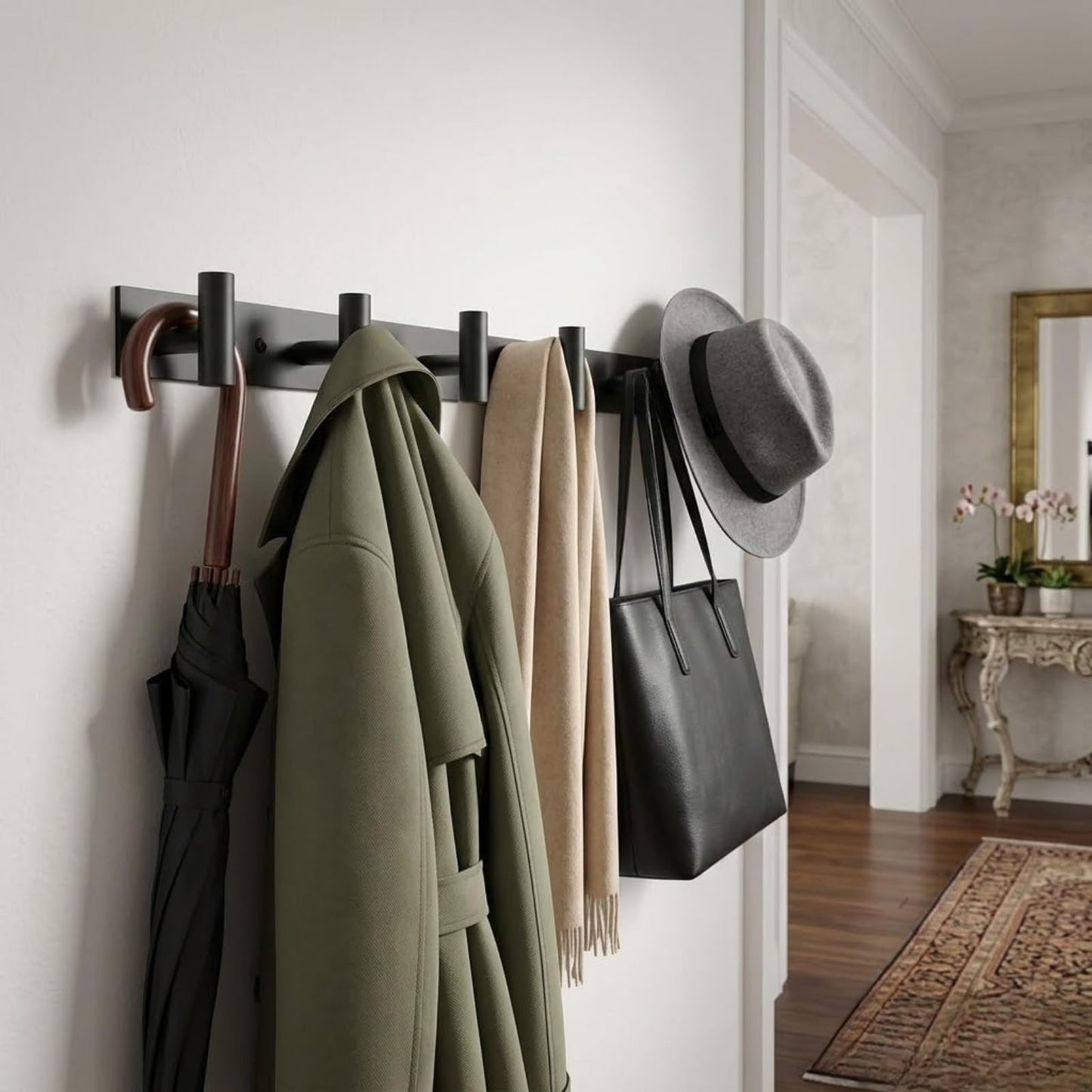 WOOFOOW Rustproof Modern Black Metal Coat Hooks for Wall, Heavy Duty Coat Hanger Wall Mounted, 5 Hooks Wall Mounted for Bathrooms, Kitchen, Bedroom