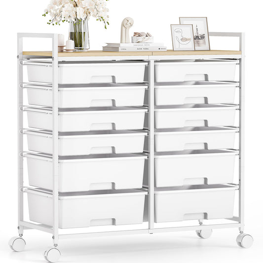 12-Drawer Craft Organizer Trolley Cart with Wooden Top, White