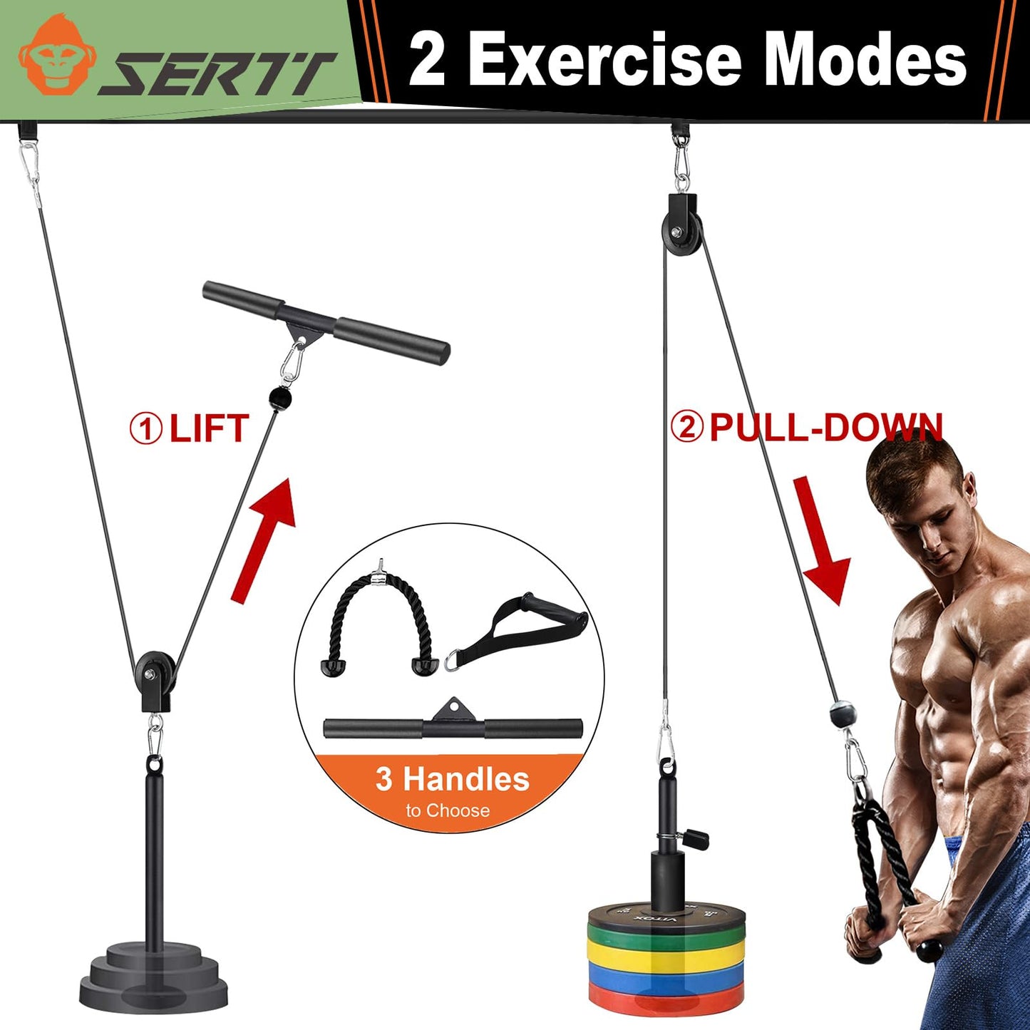 LAT and Lift Pulley System Gym, SERTT Upgraded DIY Fitness Pulley Cable Machine Attachment for Triceps Pull Downs, Biceps Curl, Forearm, Shoulder -