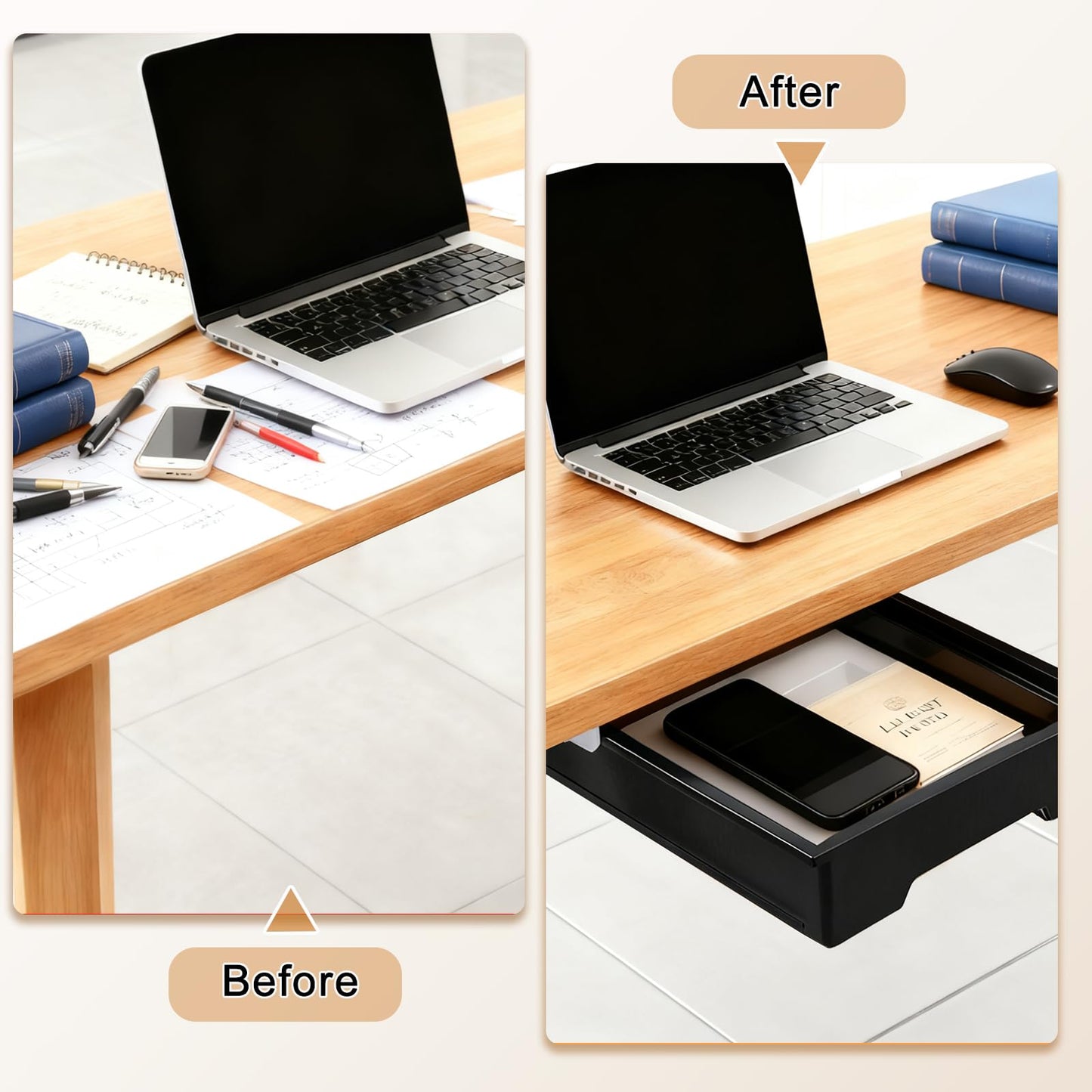 Hi-ERA 10.91"x 8.23" Under Desk Drawer Storage Organizer, Durable PC Material Self-Adhesive with Slide Out Rail