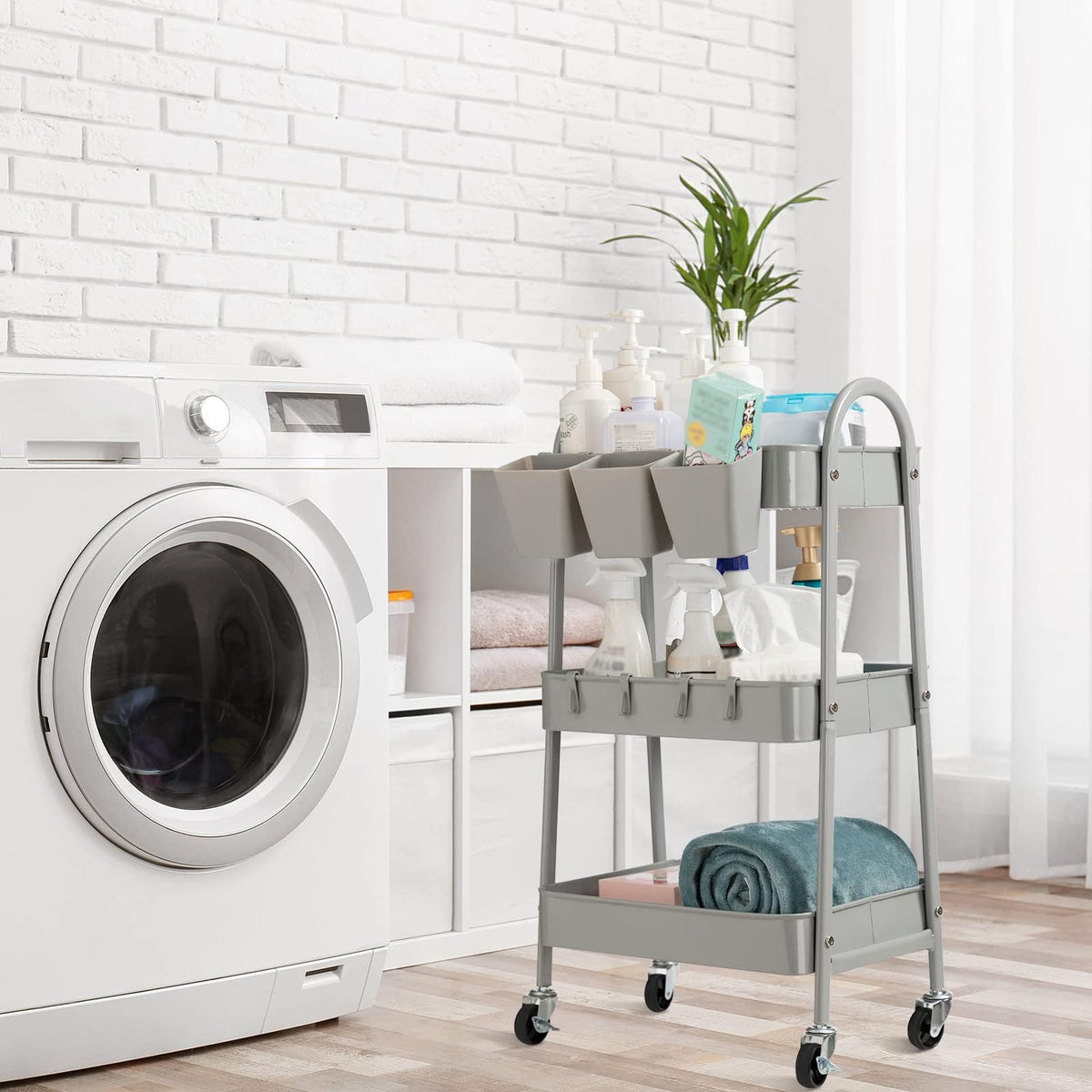 danpinera 3-Tier storage trolley, Metal storage cart with Lockable Wheels & Hanging Cups & Hooks, storage trolley on wheels for bathroom, kitchen