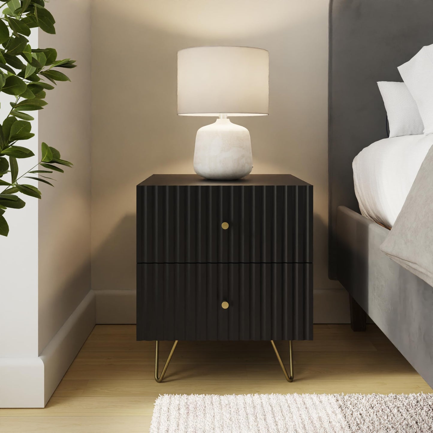 GFW Thalia 2 Drawer Bedside Table with Ribbed Front, Modern Nightstand with Brass Hairpin Legs for Bedroom Storage, Contemporary Side Table