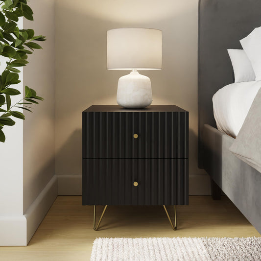 GFW Thalia 2 Drawer Bedside Table with Ribbed Front, Modern Nightstand with Brass Hairpin Legs for Bedroom Storage, Contemporary Side Table