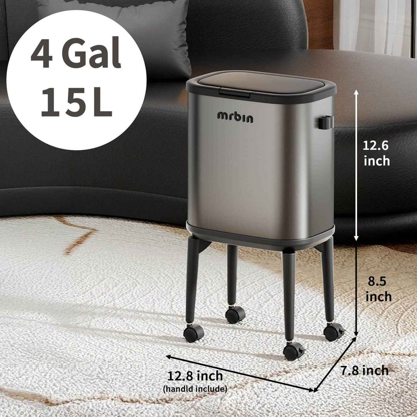 MRBIN Stainless Steel Slim Bathroom Trash Can with Legs and Wheels, 15L / 4gal Toilet Press Lid Waste Basket