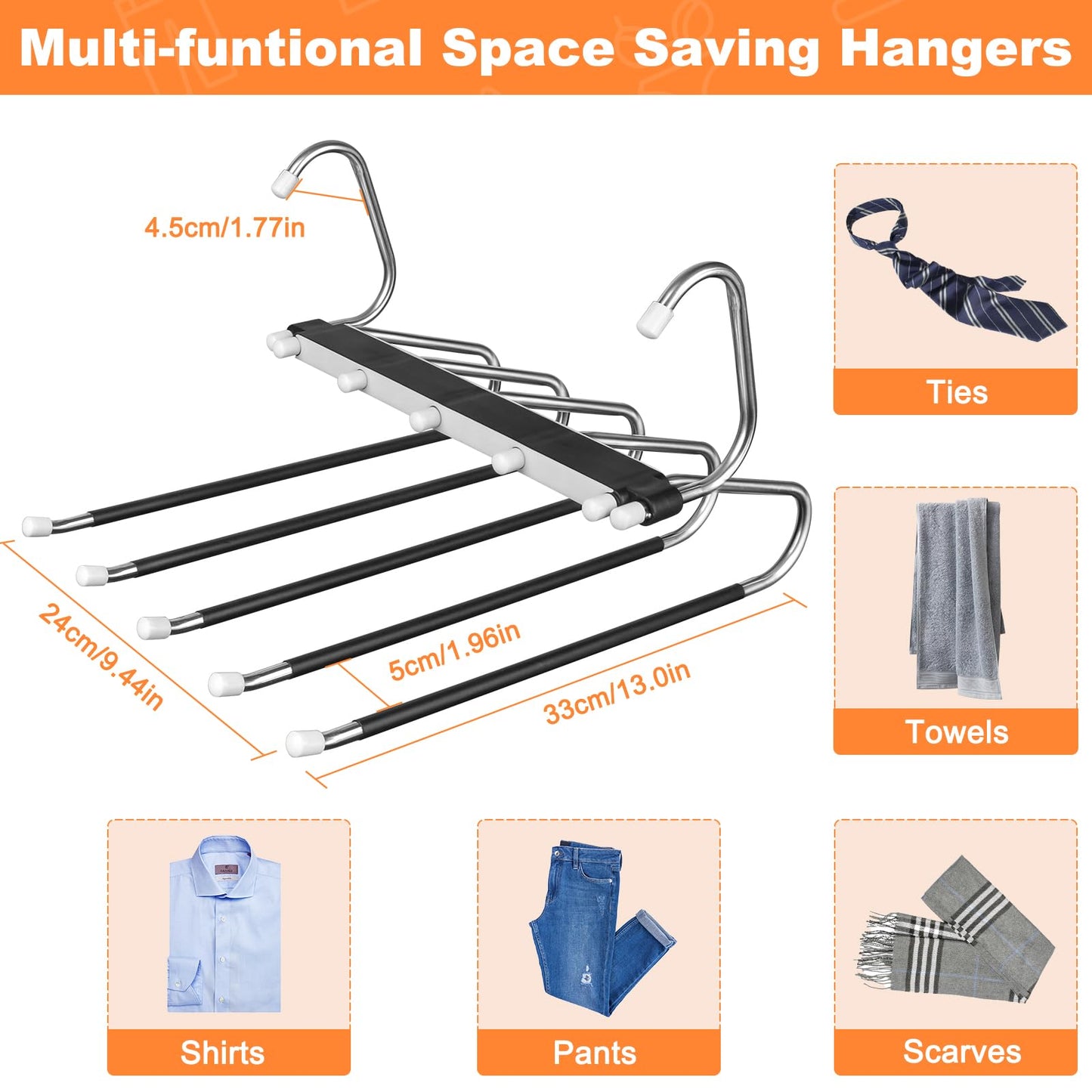 2 Pack Trouser Hangers Space Saving, 5-in-1 Trousers Hangers Non-Slip Clothes Hangers for Wardrobe