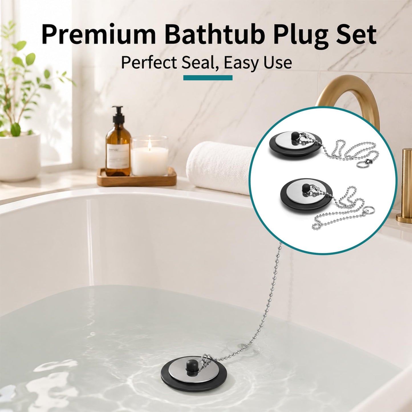 2 Pcs Bath Plug with Stainless Steel Chain for Bathroom & Kitchen