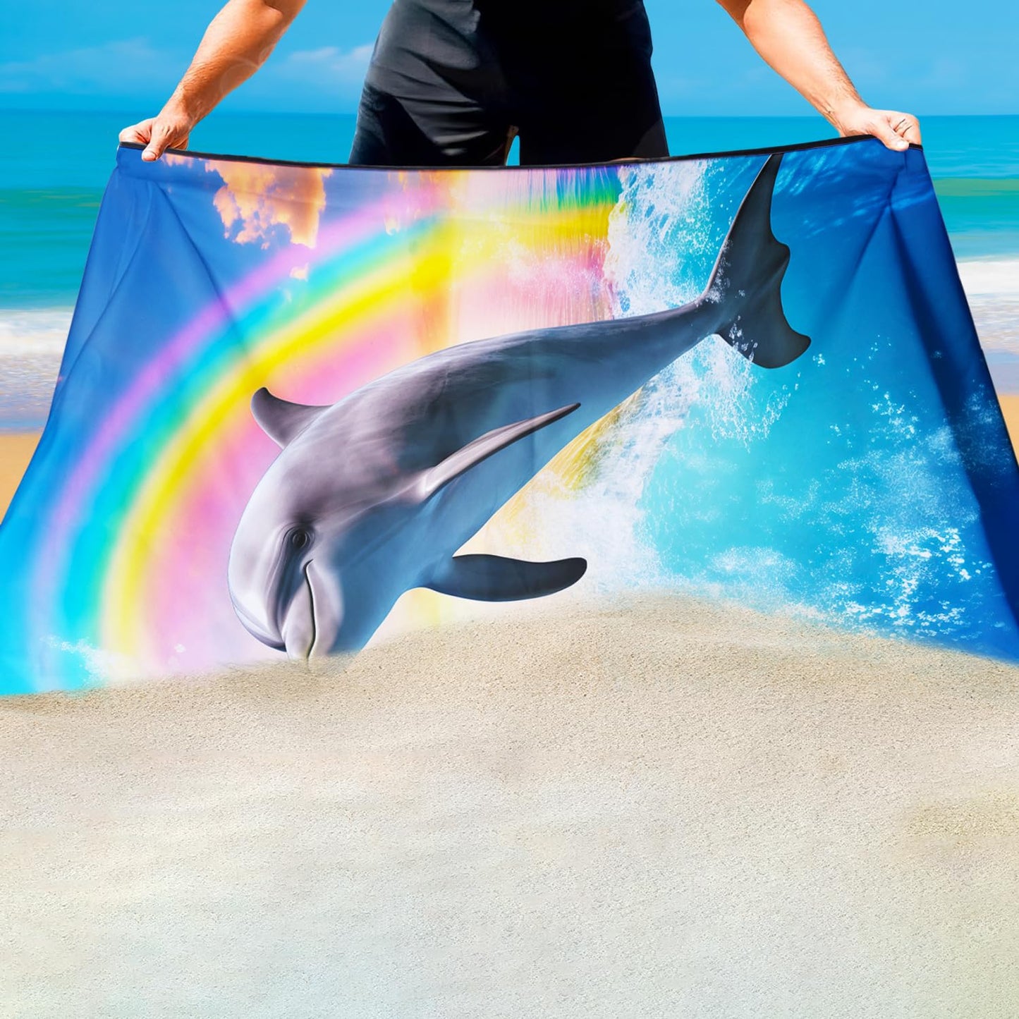 Violetpos Rainbow Dolphin Beach Towel, Extra Large 180x90 cm 250GSM Microfibre, Sand Free Quick Dry