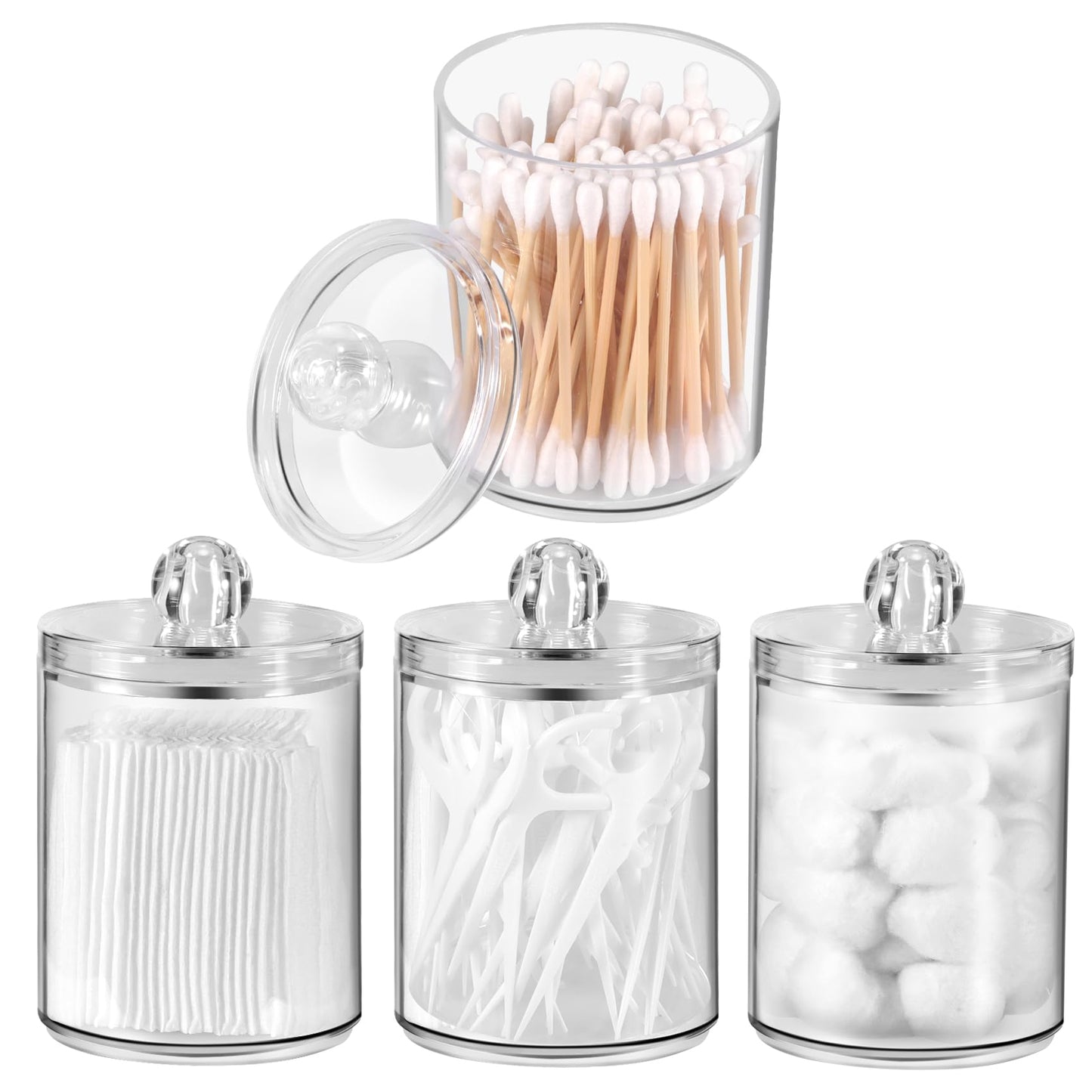 Annhua 4 Pcs Cotton Bud Holder 10 Oz Cotton Pad Holder with Lids, Plastic Bathroom Jars for Facial Pads, Swabs, Dental Picks, Hair Bands
