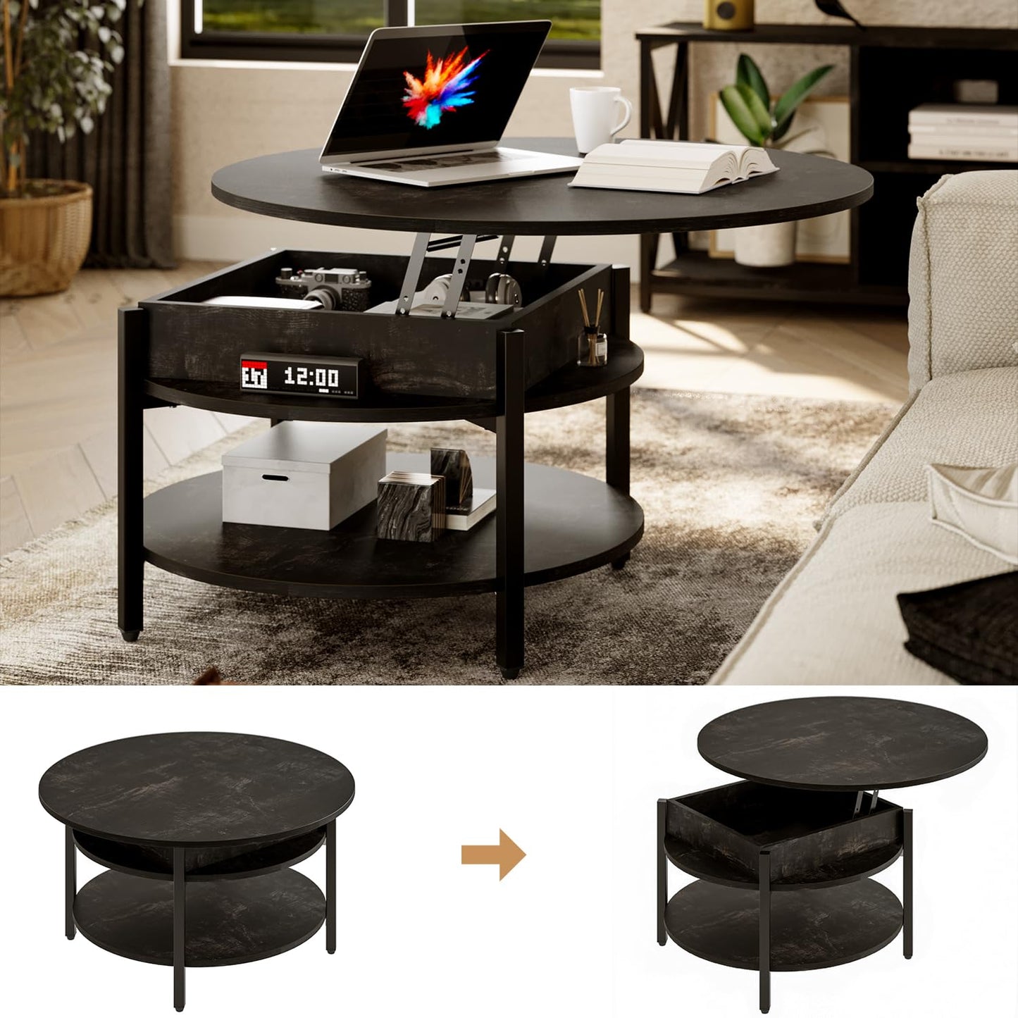 Mossora 68cm Black Oak Round Lift Top Coffee Table with Hidden Storage