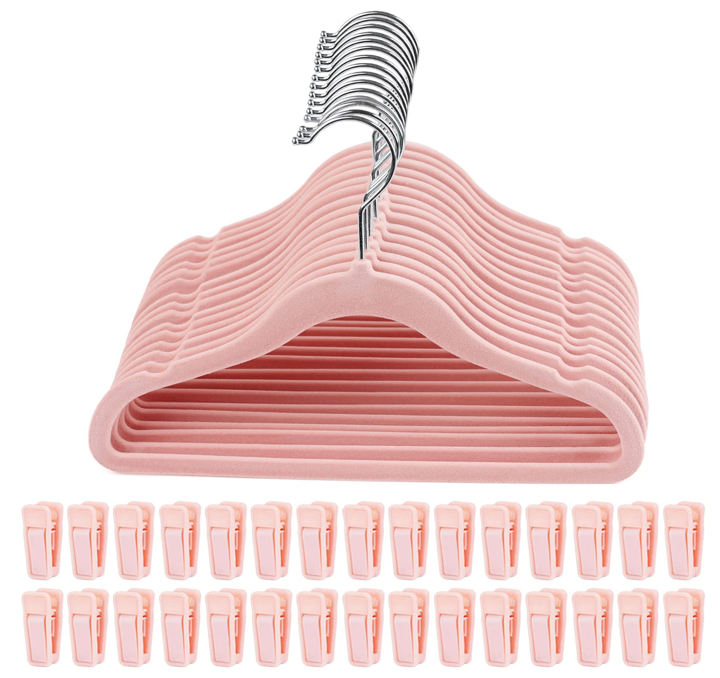 HOUISM Baby Hangers Velvet Pink with 30 Finger Clips, Non-Slip & Ultra Slim Kids Clothes Hangers for Full Outfits