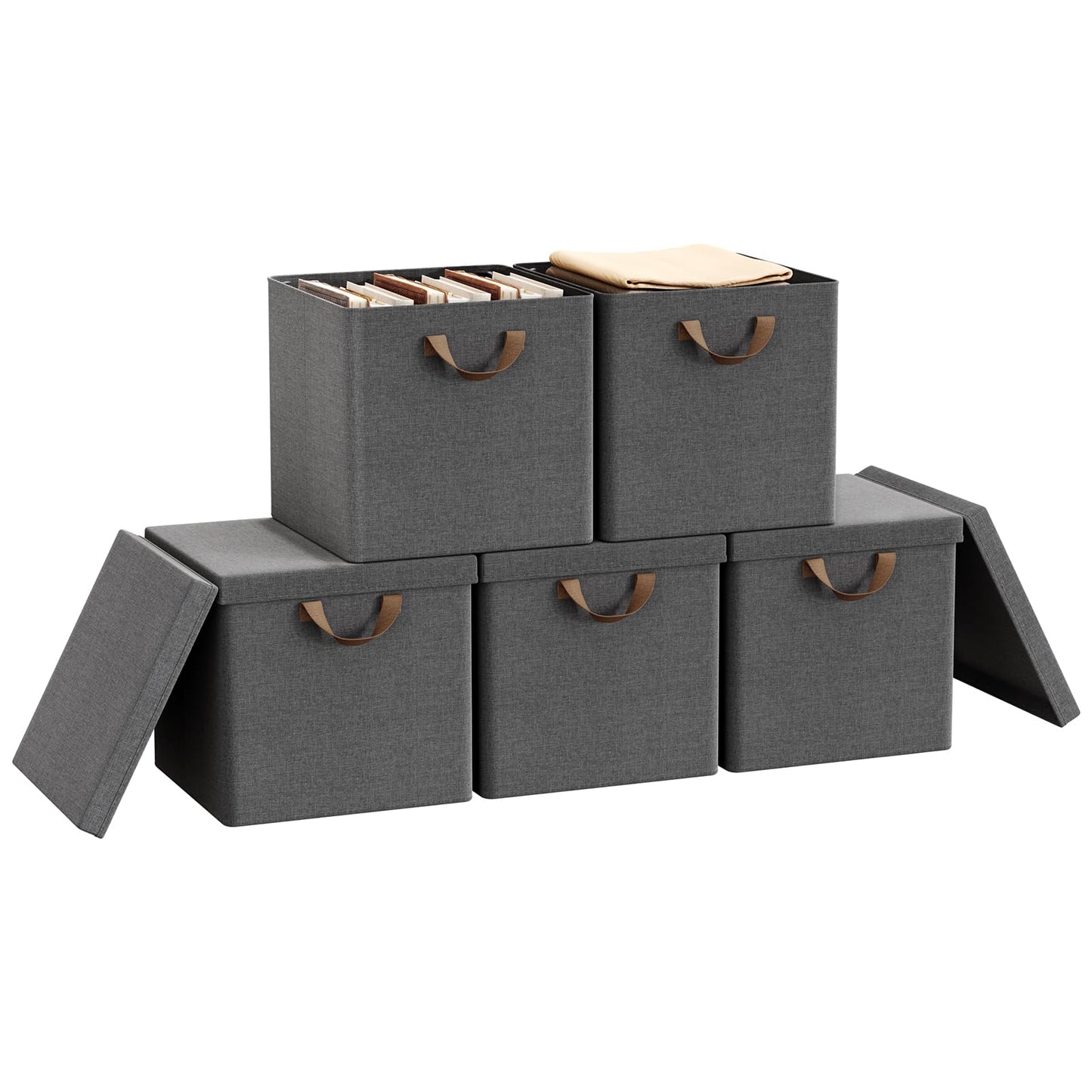 WOLTU Fabric Storage Boxes Set of 5, Folding Baskets with Lids, Handles, Metal Frame, Wardrobe Toy Organisers for Living Room, Bedroom, Office, Grey