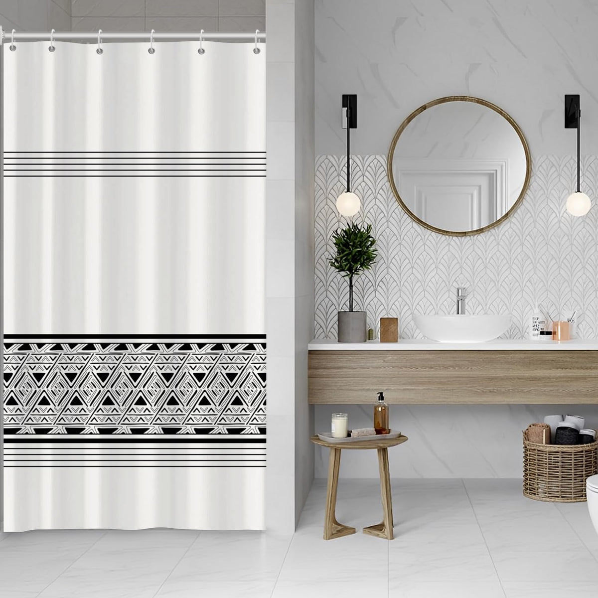 ASDCXZ Stripe Shower Curtain 90x180 cm, Modern Boho Style Rule Black White Geometry Bath Washable Narrow Shower Curtains Polyester Textile Waterproof