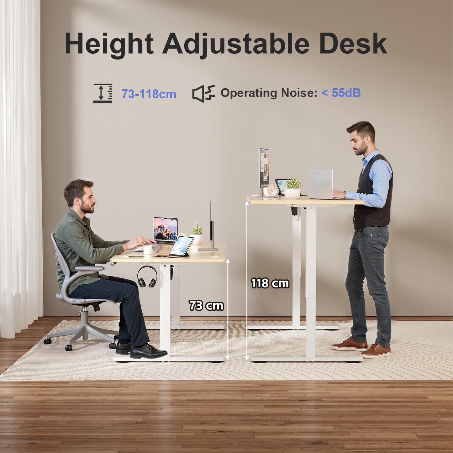 JUMMICO Height Adjustable Desk COMPLETE TABLE TOP Electric Desk Height Adjustable with Memory Function Standing Desk Computer Desk 110 x 53 cm Beige