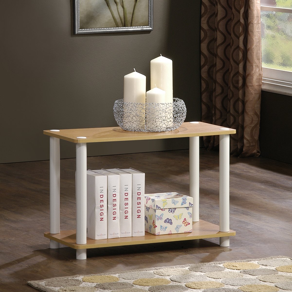 Furinno TURN-N-TUBE Side Table, Rectangle End Table with Open Shelf, Toolless Assembly Night Stand, Bedside Table, for Living Room, Bedroom, Beech