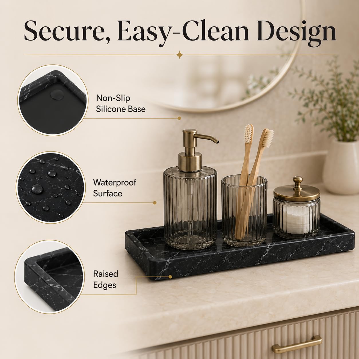 Flexible Silicone Marble Tray for Bathroom & Vanity Countertops - Rectangular Storage Organiser for Perfumes, Cosmetics, Jewellery