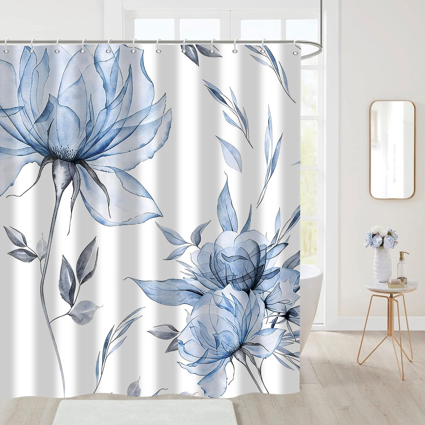 Hnmdmyi Watercolor Floral Shower Curtain 180x180, Blue Boho Flower Leaf Modern Minimalist Aesthetic Art Bathroom Curtains Waterproof Polyester Fabric