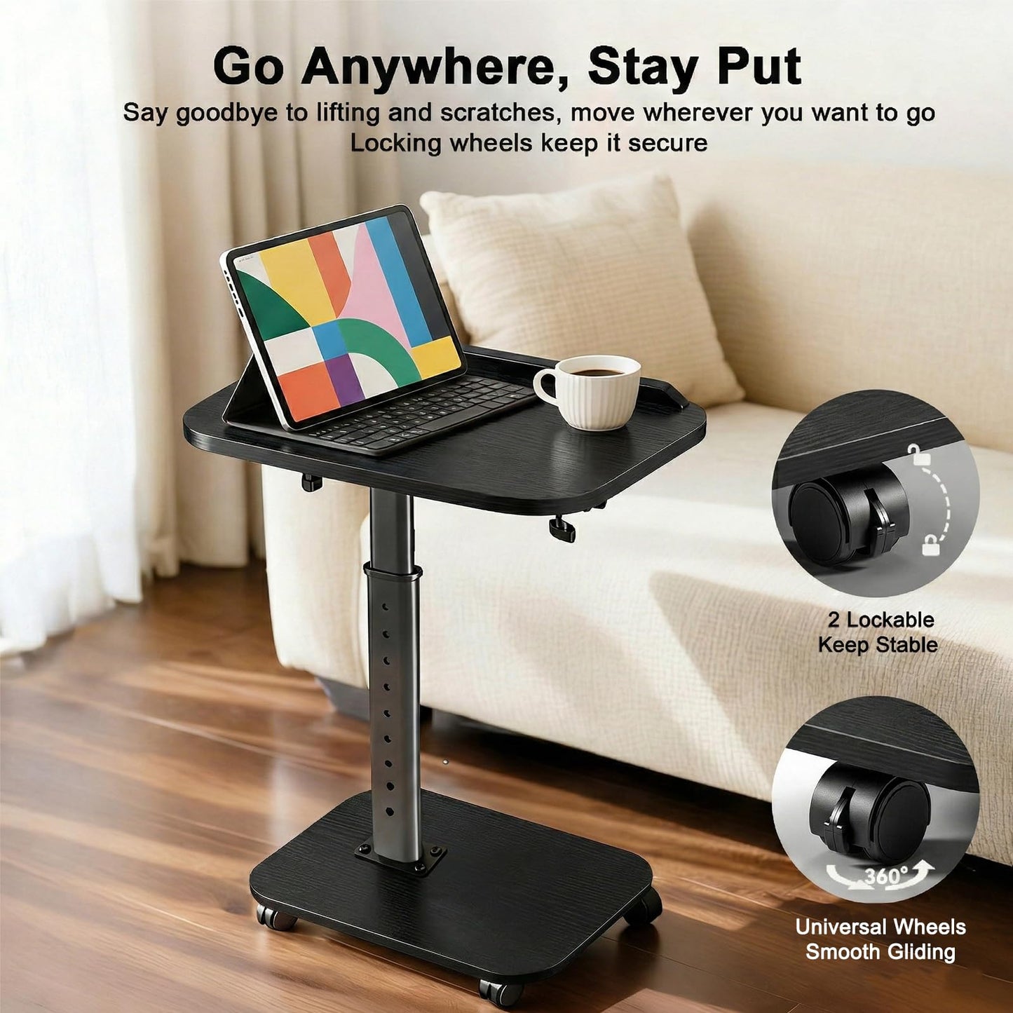 Lubeau Adjustable Side Table with Wheels, C Shaped Side Table Adjustable Height 180° Flip-Over Panel Design, End Table with Phone/Tablet Slot