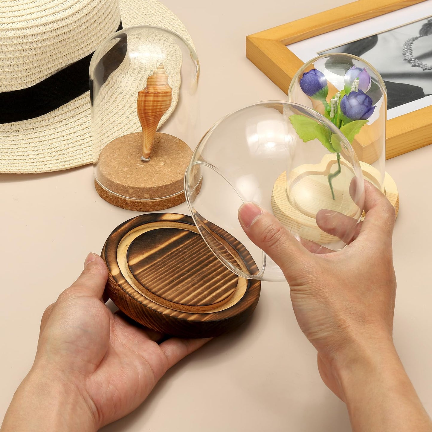 sourcing map Round Cloche Glass Dome, 5.9" x 4.7" Decorative Glass Display Bell Jar Dome Cloche with Brown Base for DIY Flower Craft