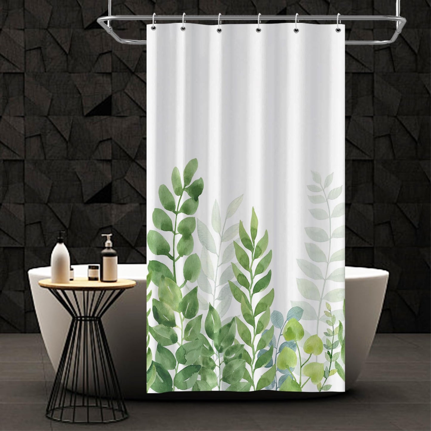 Bovlleetd Green White Stall Shower Curtain Watercolor Botanical Eucalyptus Leaves Bathroom Plants Shower Curtain Polyester Fabric Bath Curtain with