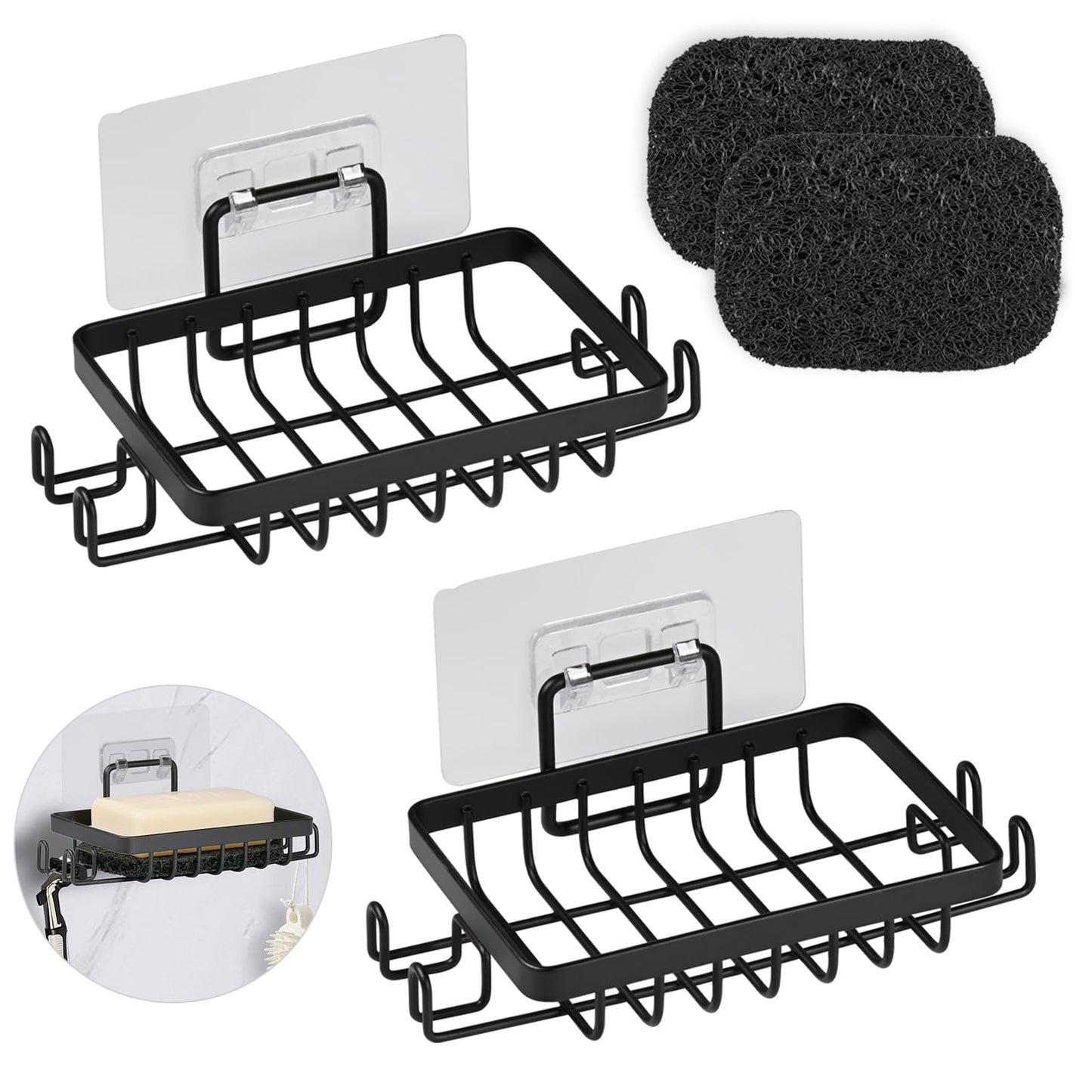 YoHyien 2 Pcs Stainless Steel Wall Mounted Soap Holder, Self Adhesive Soap Dishes with Hooks & Soap Saver, Shower Soap Holder for Bathroom, Kitchen
