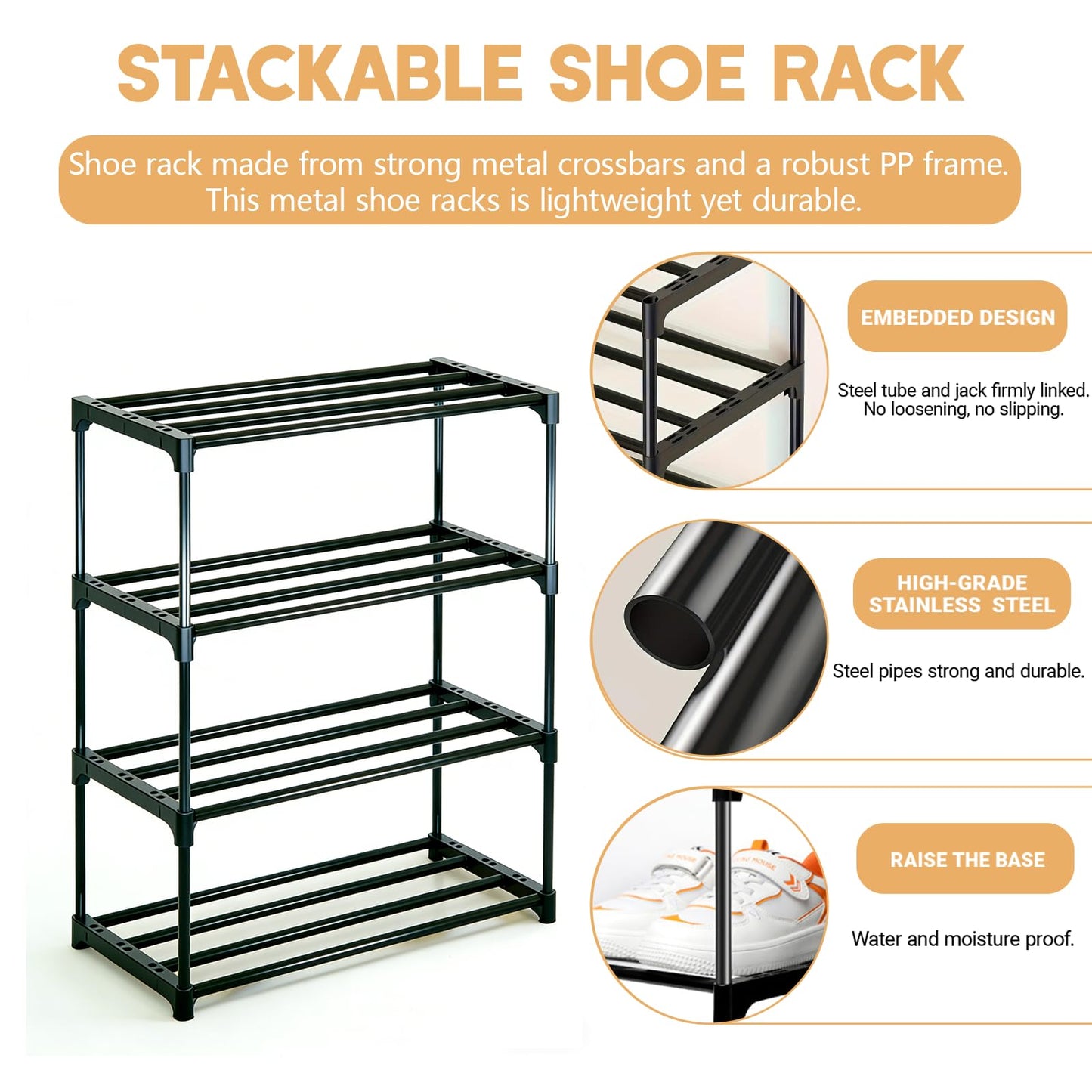 Lichamp Shoe Rack,4 Tier Stackable Shoe Rack,Shoe Storage Organiser Mini Shoe Organizers with Quick, Footware Storage Tool-Free Assembly for Entryway