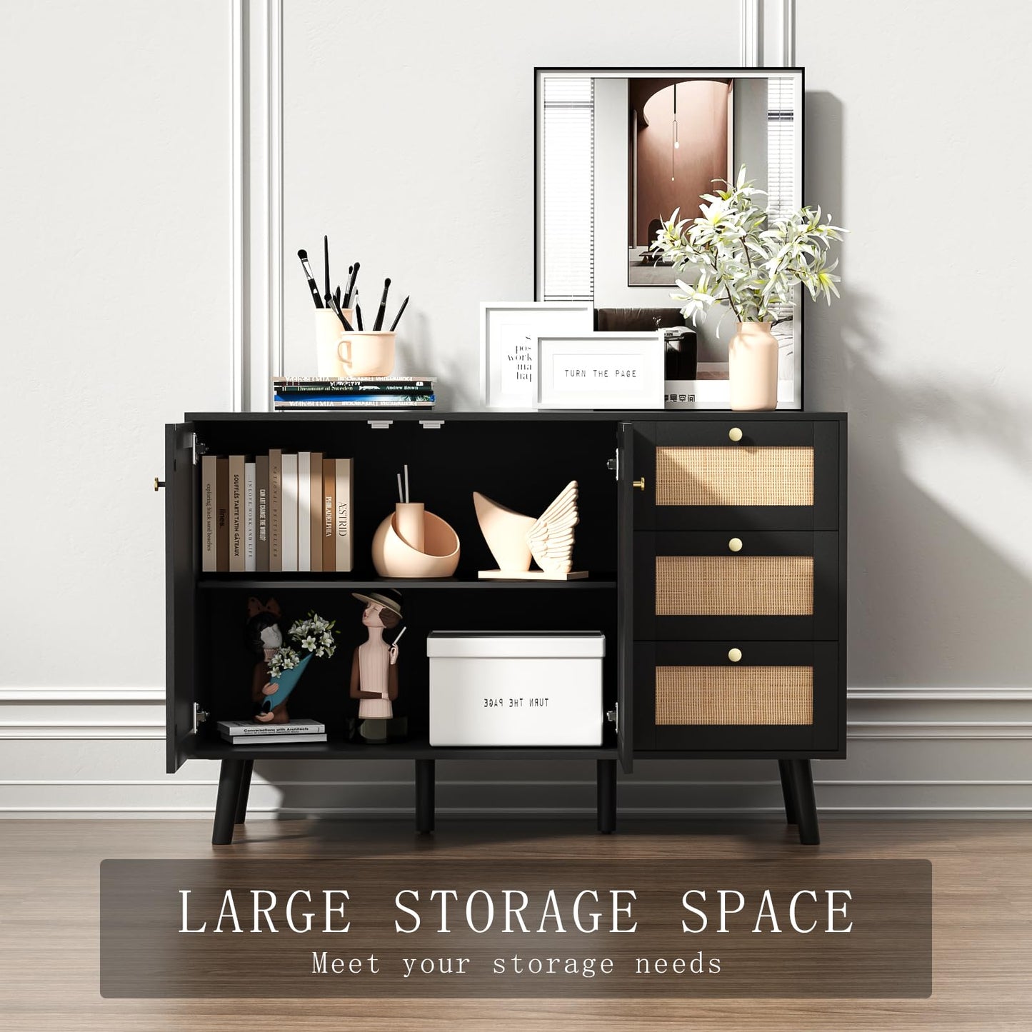 Skokliz Sideboard, Modern Storage Cabinet with 3 Drawers, Buffet Storage Cabinet 2 Doors and Adjustable Shelves