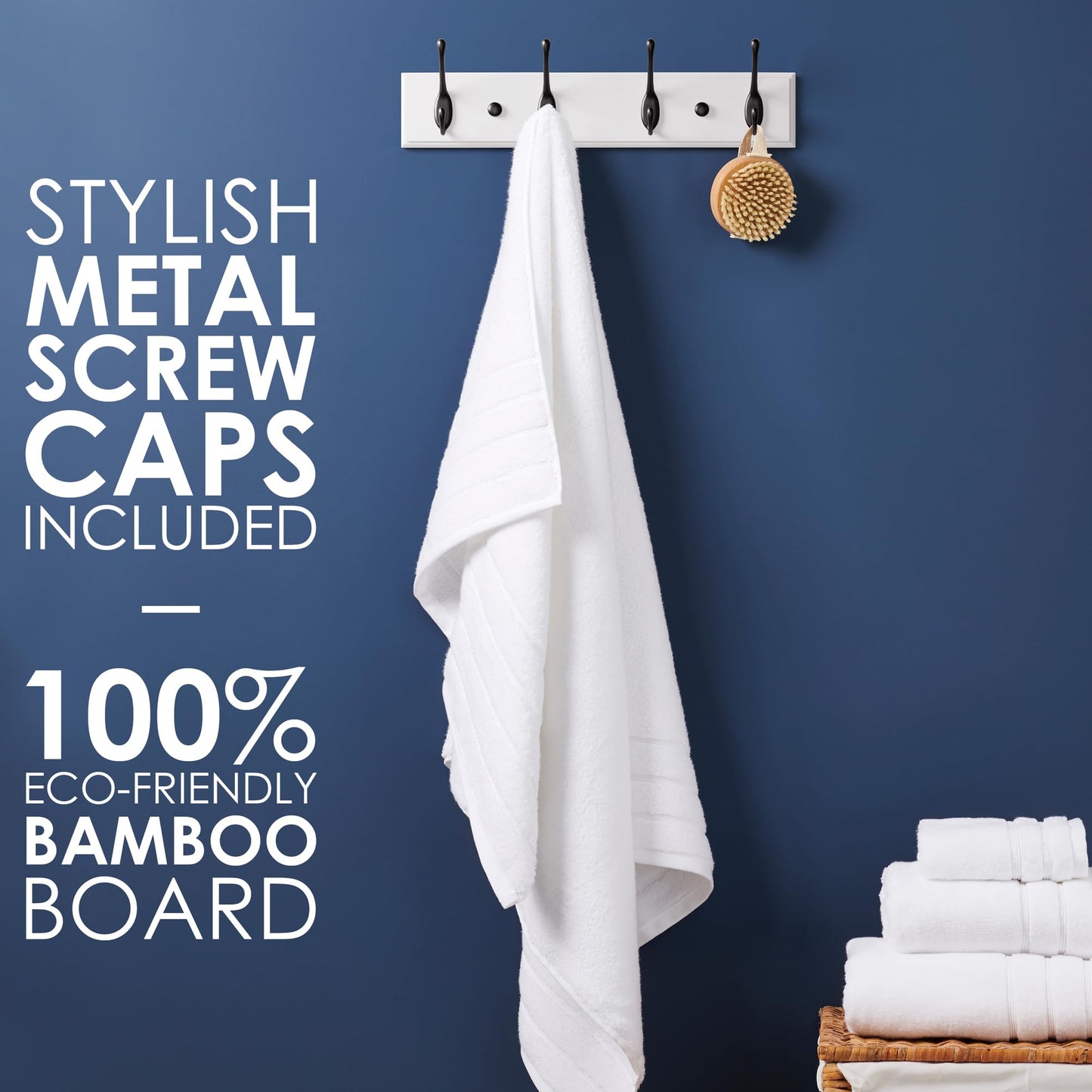 LARHN White Wall-Mounted Coat Rack - 4 Black Coat Hooks, 42cm