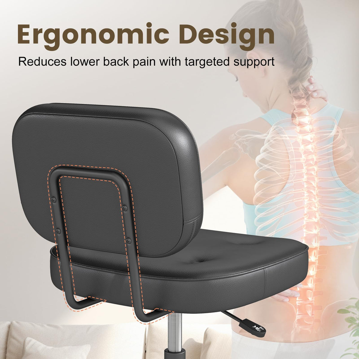 AnyGod PU Leather Armless Home Office Desk Chair, Small Ergonomic Task Chair for Adults and Students, Low Back Seating with Swivel, Adjustable Height