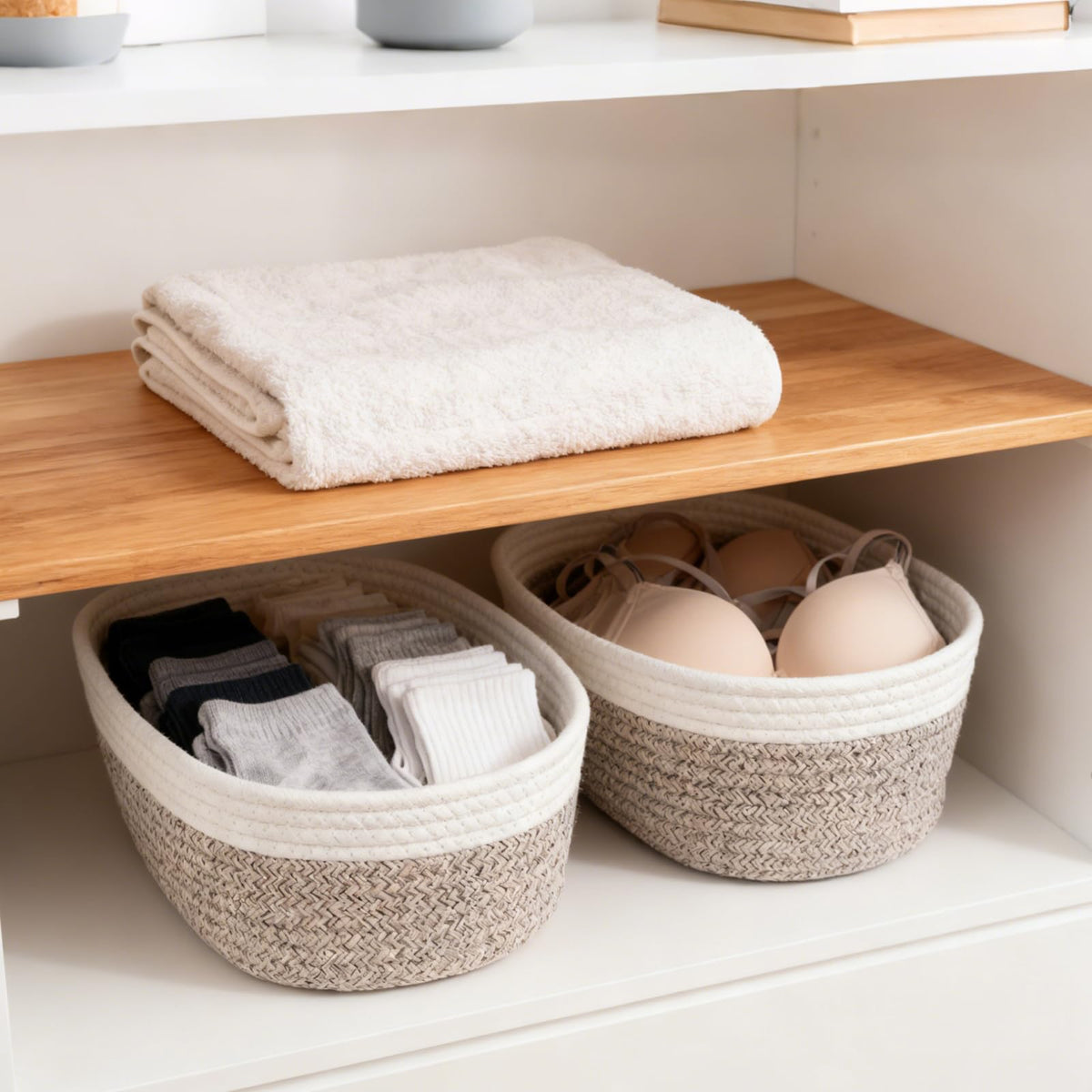 Purecas Braided Cotton Rope Storage Baskets 3-Piece Set Stackable Organiser Baskets for Nursery Changing Table Living Room & BathroomBrown 3 Size