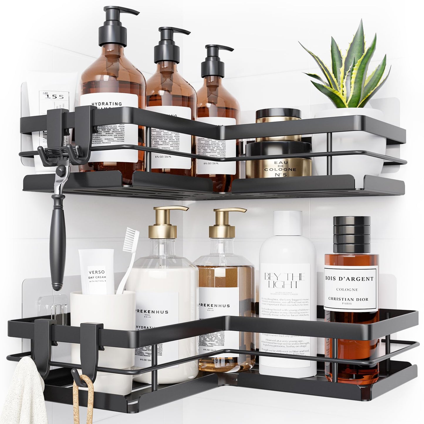 Kitsure Corner Shower Caddy – 2-Pack Adhesive Bathroom Shelves, Black, L
