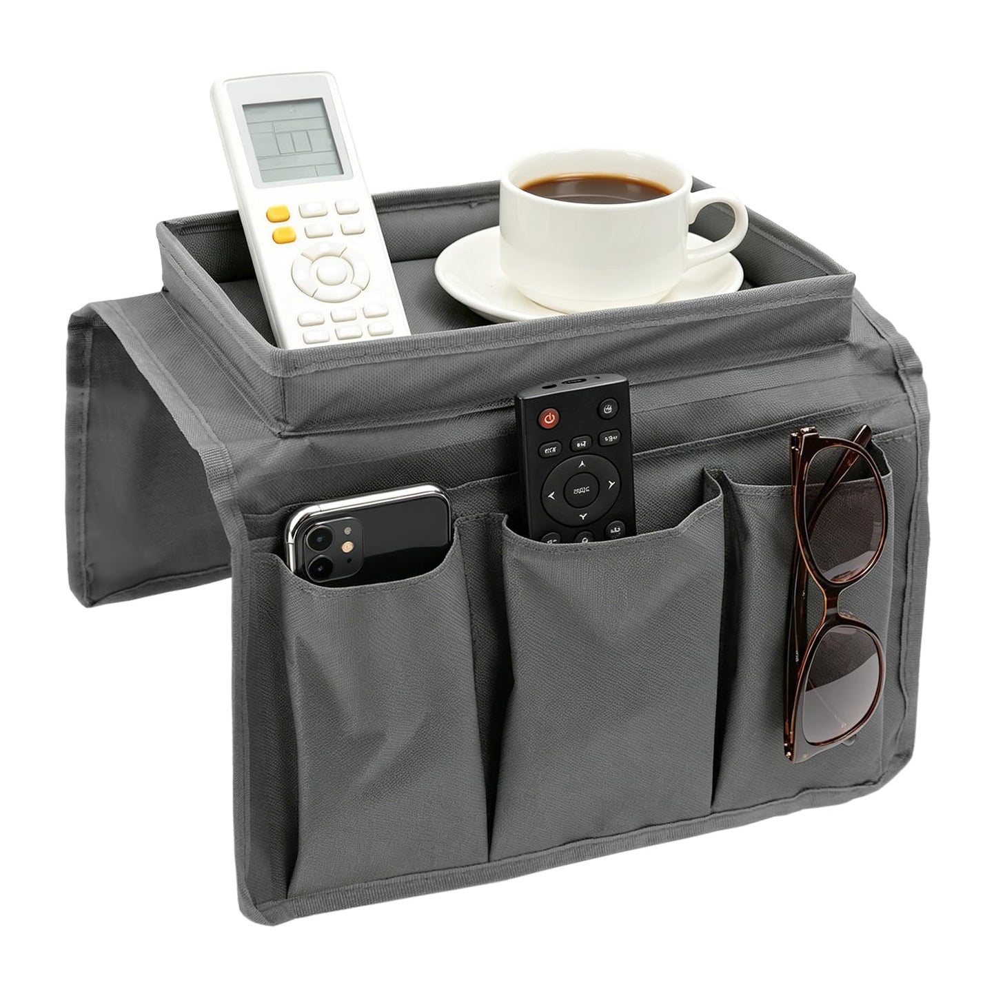 Fizleca Sofa Arm Tray, Armchair Tray, Armrest Tray Organizer - Waterproof Non-Slip Caddy with 4 Pockets for Cups, Snacks, Phones, Tablets, Books