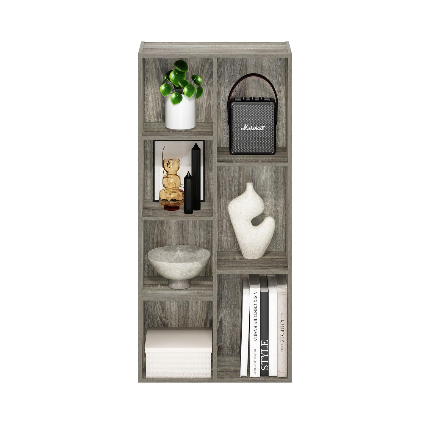 Furinno LUDER Book Shelf, 7-Cube Bookshelf, Bookcase, 9.4 x 19.5 x 41.7, for Living Room, Bedroom, Home Office, French Oak