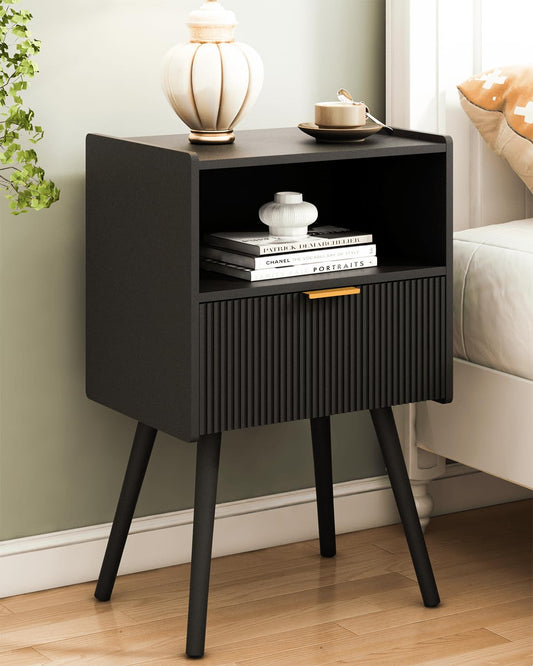 JERX Modern Bedside Table with Storage Drawer and Open Wood Shelf Nightstand for Living Room, Bedroom and Small Spaces