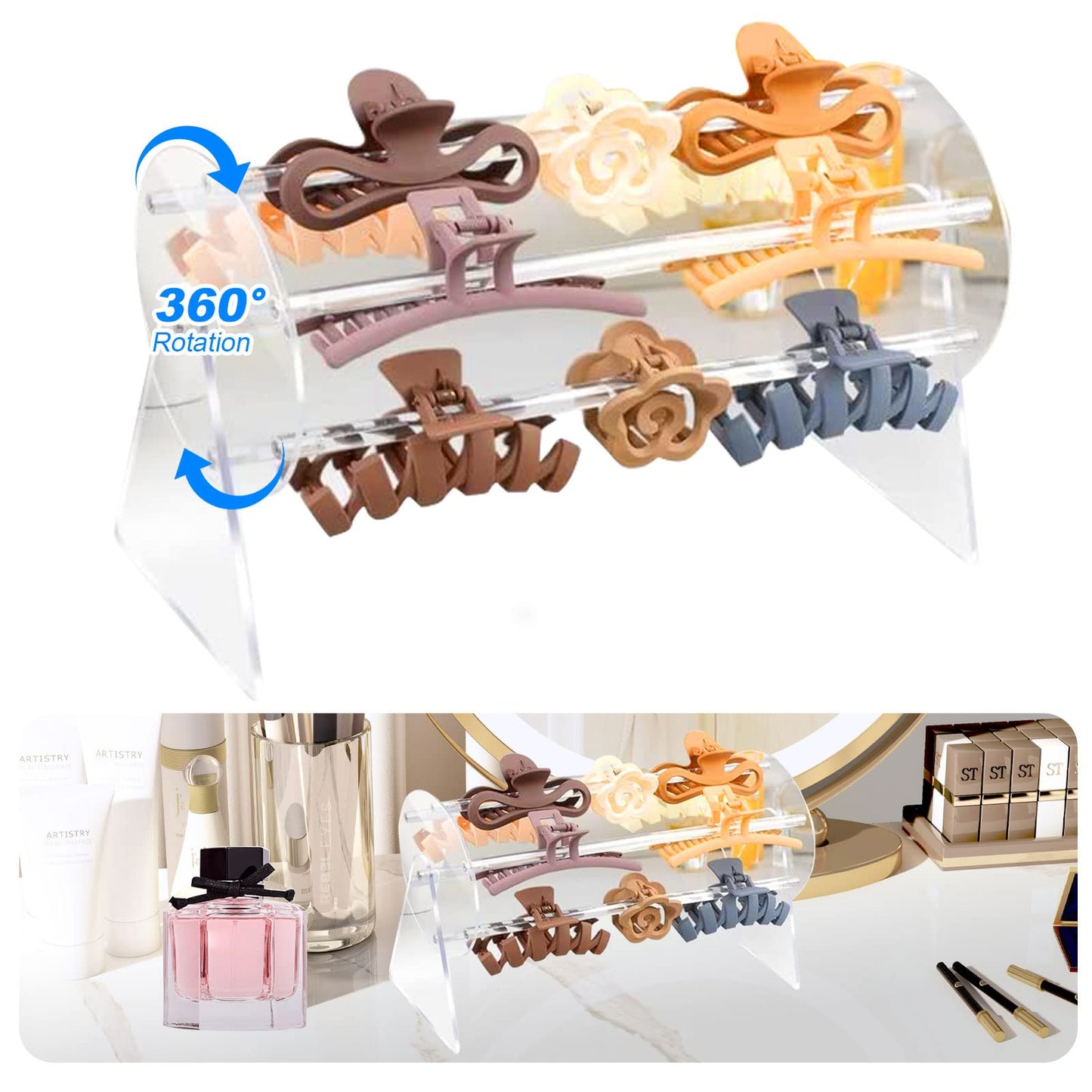 Hair Claw Clip Organiser, Acrylic Hair Clip Organiser 360-Degree Hair Clip Display Stand, Rotating Organiser Case