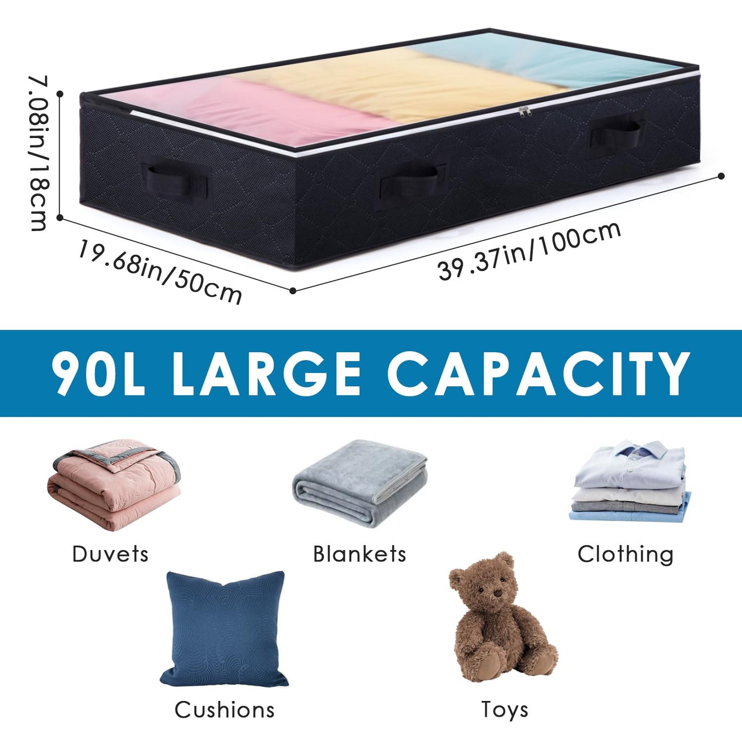 Boic 2 Packs Underbed Storage Bags, 90L Large Under Bed Storage Box, Foldable Underbed StorageBoxes with Lids, Fabric Clothes Storage Bag for Clothes