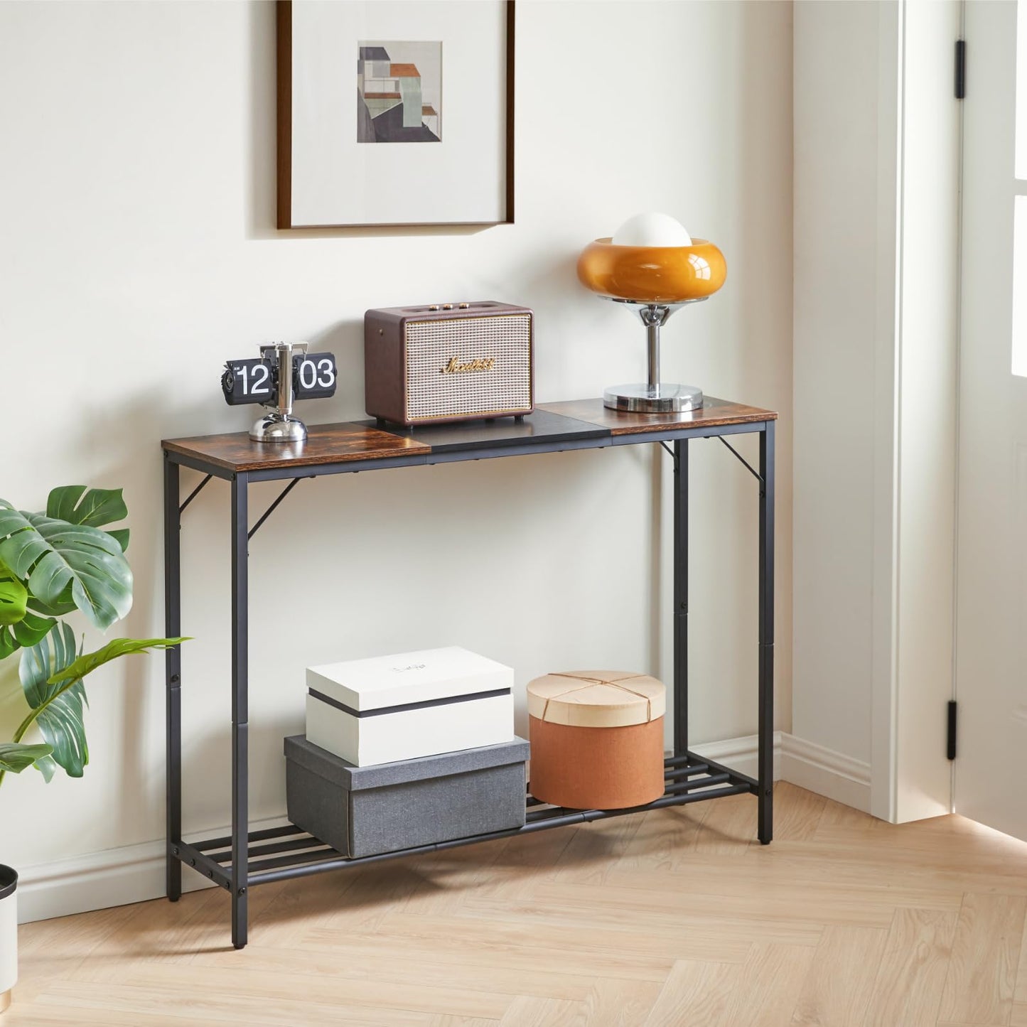 YMYNY Console Table Narrow Sofa Table Rustic Brown and Black HST006HB