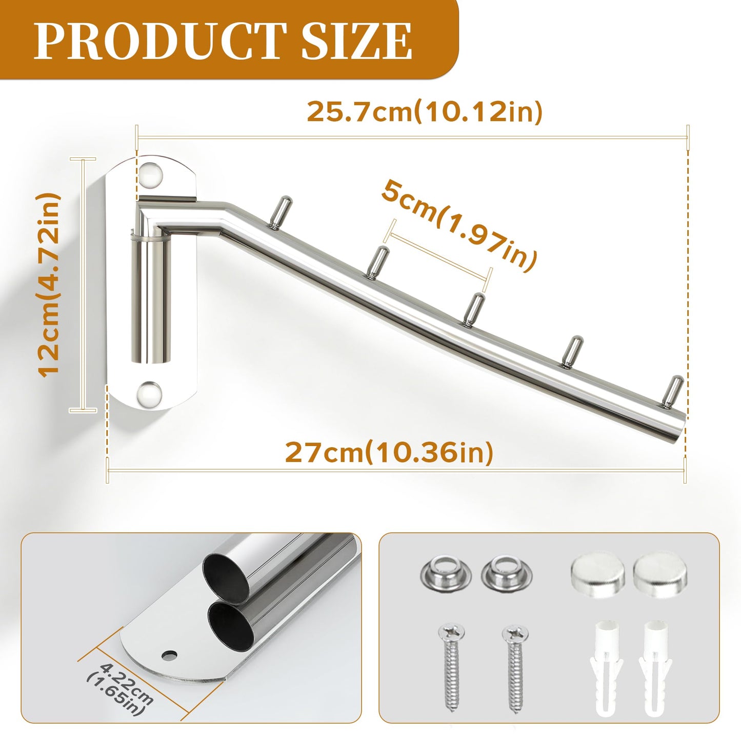 Mooche 2Pcs Wall Mounted Coat Rack Chrome, Swivel Clothes Rail, 27CM