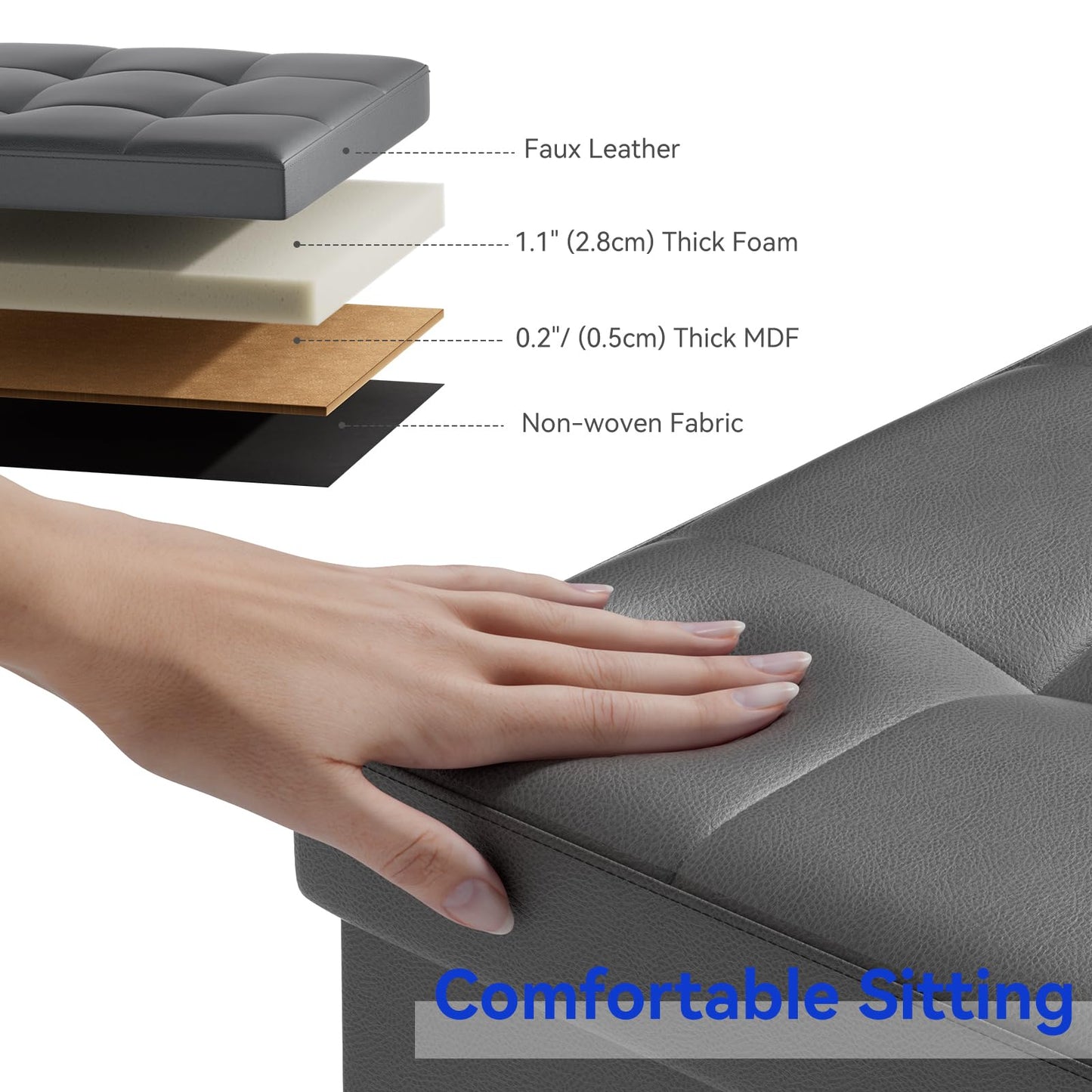 BRIAN & DANY Folding Storage Ottoman, Faux Leather Cube Foot Rest Stool with Cover, Storage Chest with Highly Elastic Sponge Filling, Gray