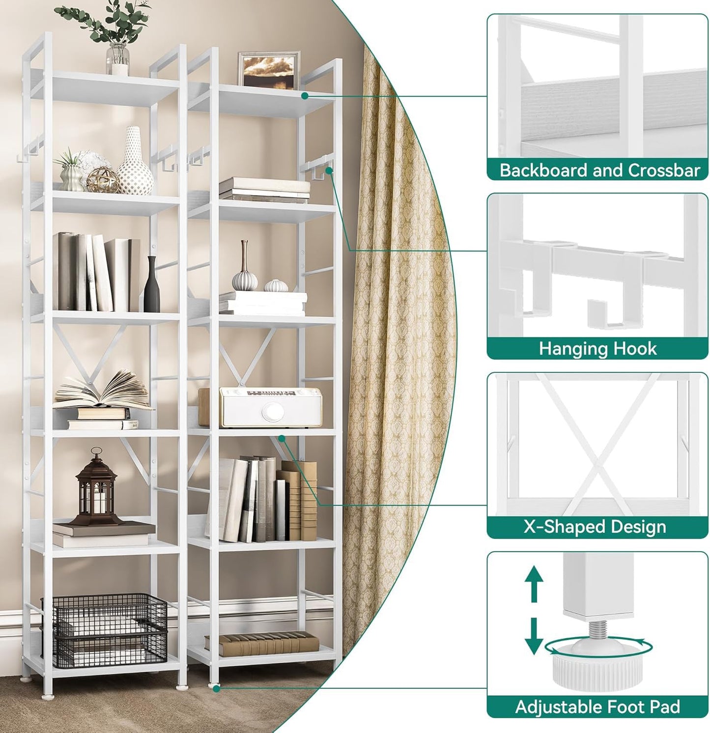 YITAHOME 6 Tier Bookcase, Industrial Book Shelf, Metal Frame and Wooden Shelves, Tall Shelving Unit with 4 Hooks