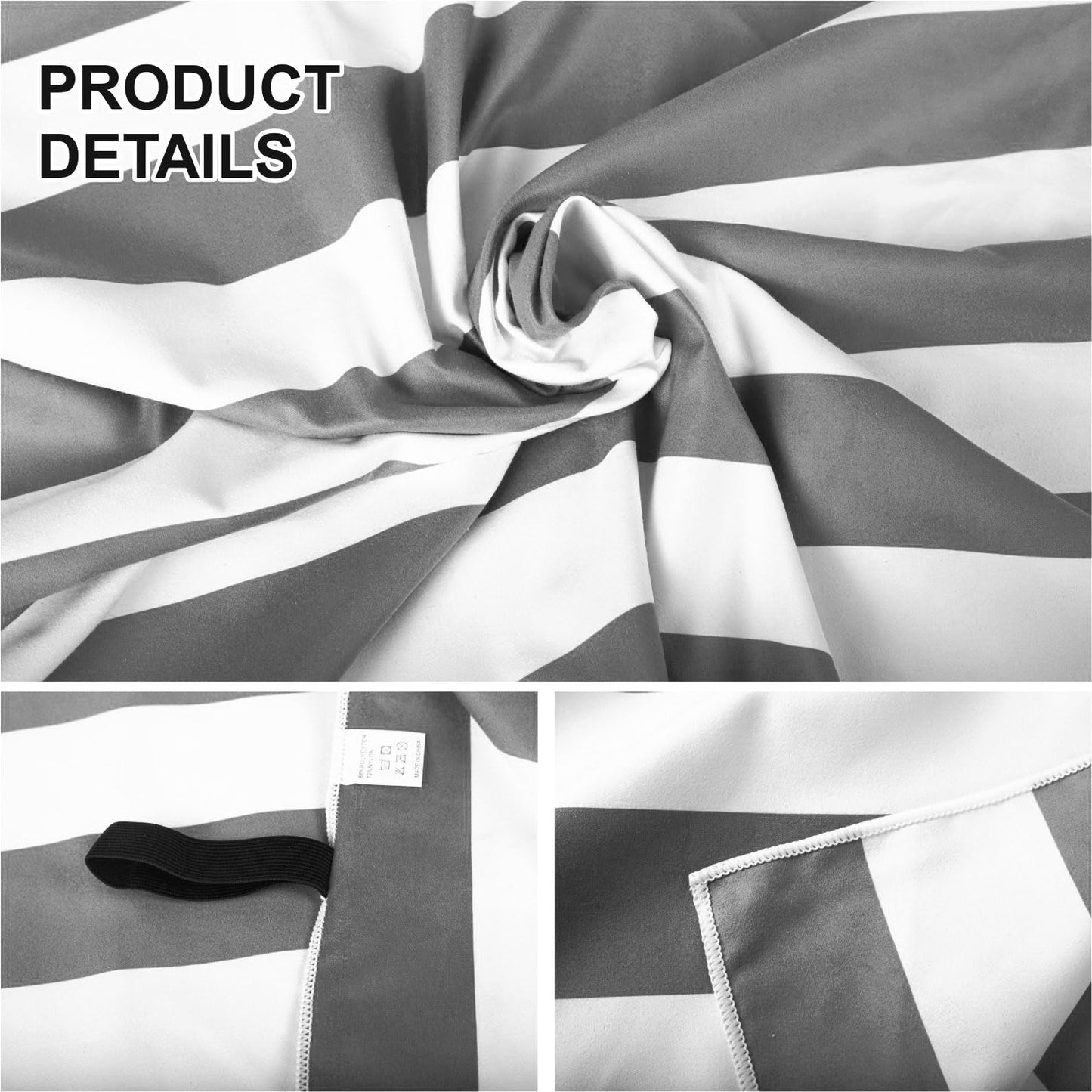 Large Quick Dry Microfibre Beach Towel 160x90cm, Double Sided Black & White Striped Lightweight Travel Towel with Carry Bag