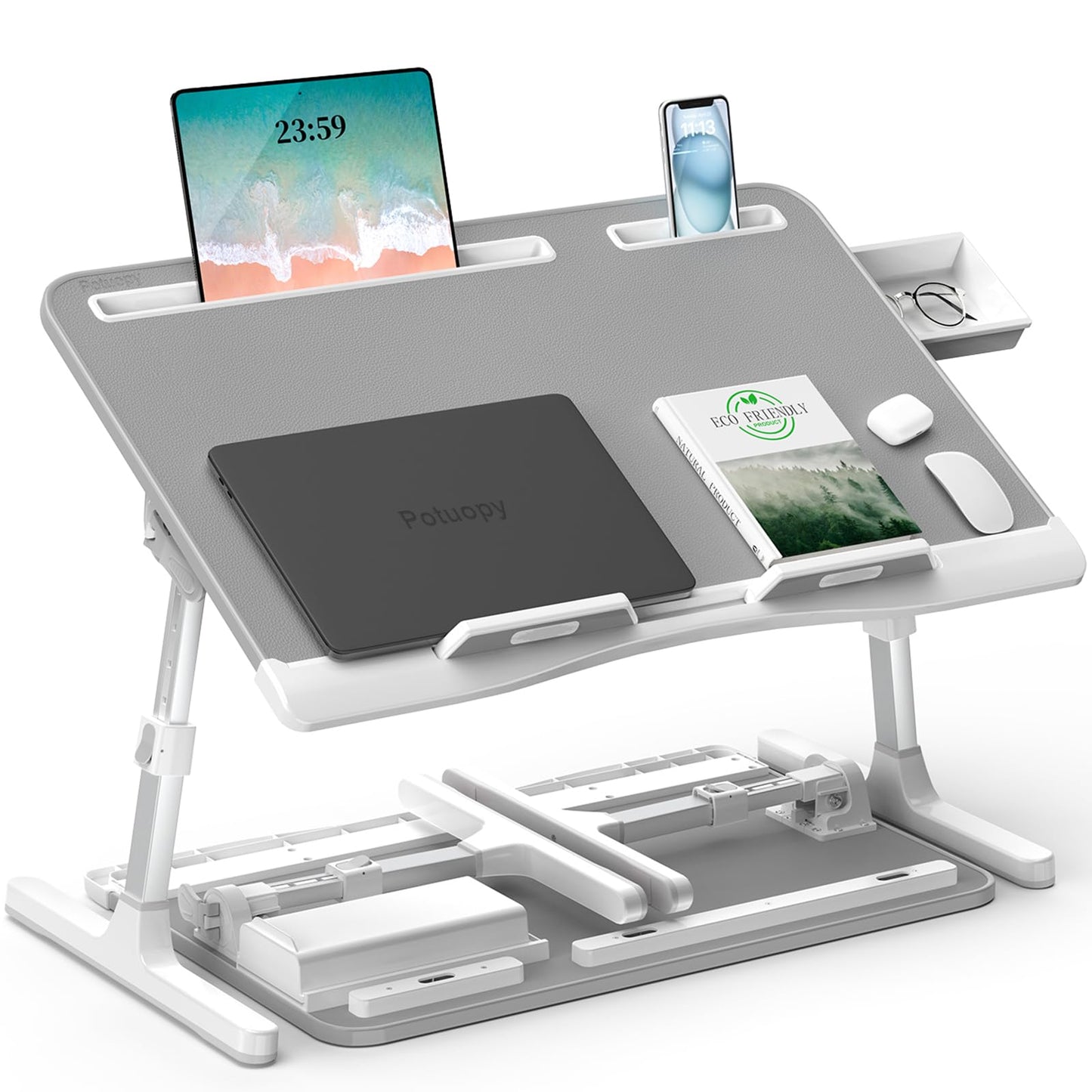 Laptop Bed Desk, Potuopy Leather Adjustable Height Angle Foldable Bed Table, X-Large Laptop Stand for Bed with Eco Wooden Board for Working Reading
