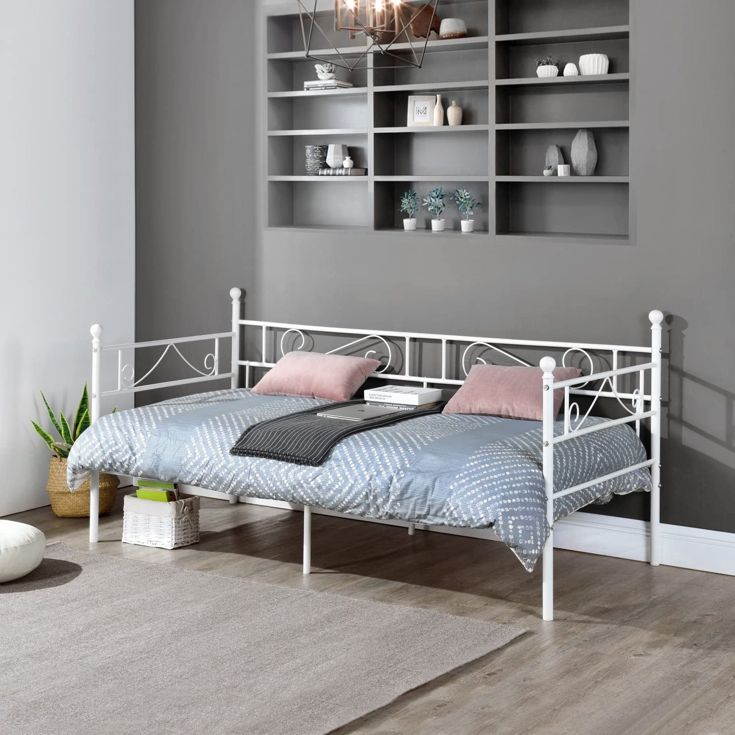 FetiNes Day Bed Frame 90 x 200 cm, Metal, White, Scandinavian Style, Convertible Day Bed with Under-bed Storage