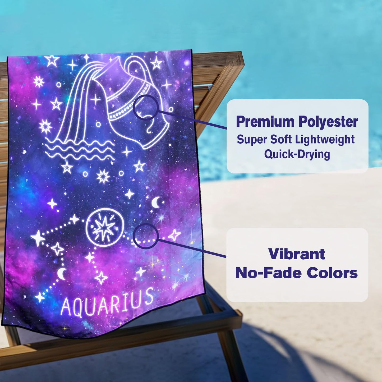 Violetpos Aquarius Zodiac Sign Beach Towel for Astrology Fans, Extra Large 180x90 cm 250GSM Microfibre, Sand Free Quick Dry