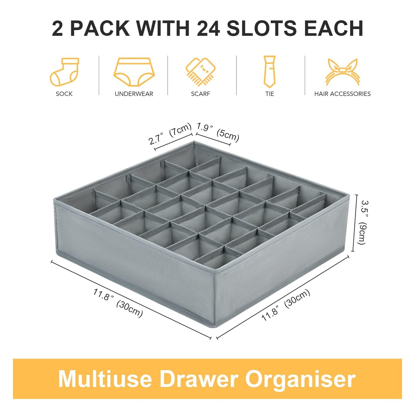DIMJ 2 Pack Drawer Organisers 24 Cells Sock Organiser Foldable Underwear Drawer Organiser Fabric Drawer Divider Wardrobe Storage Boxes for Socks