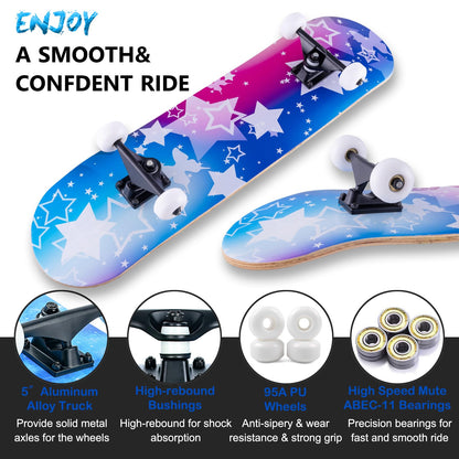 Skateboard,31 x 8 Inch Complete Skateboard, 8-Layer Maple Wood Deck Double Kick Standard Skateboards for Kids, Teens, Adult, Beginner (Dream)