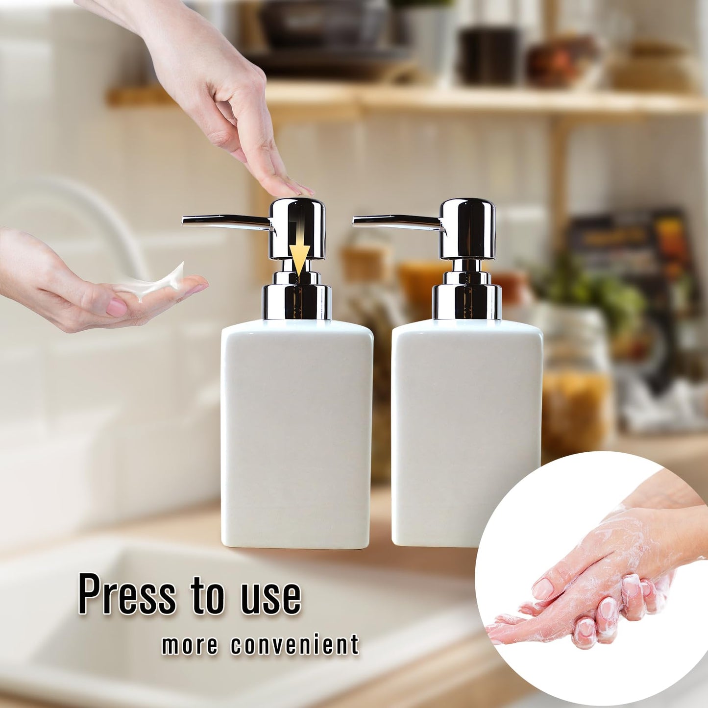 2PSC White Ceramic Soap Dispenser - 320ml/11oz Square Design with Long Spout & Rustproof Pump, Refillable for Shampoo/Liquid Soap