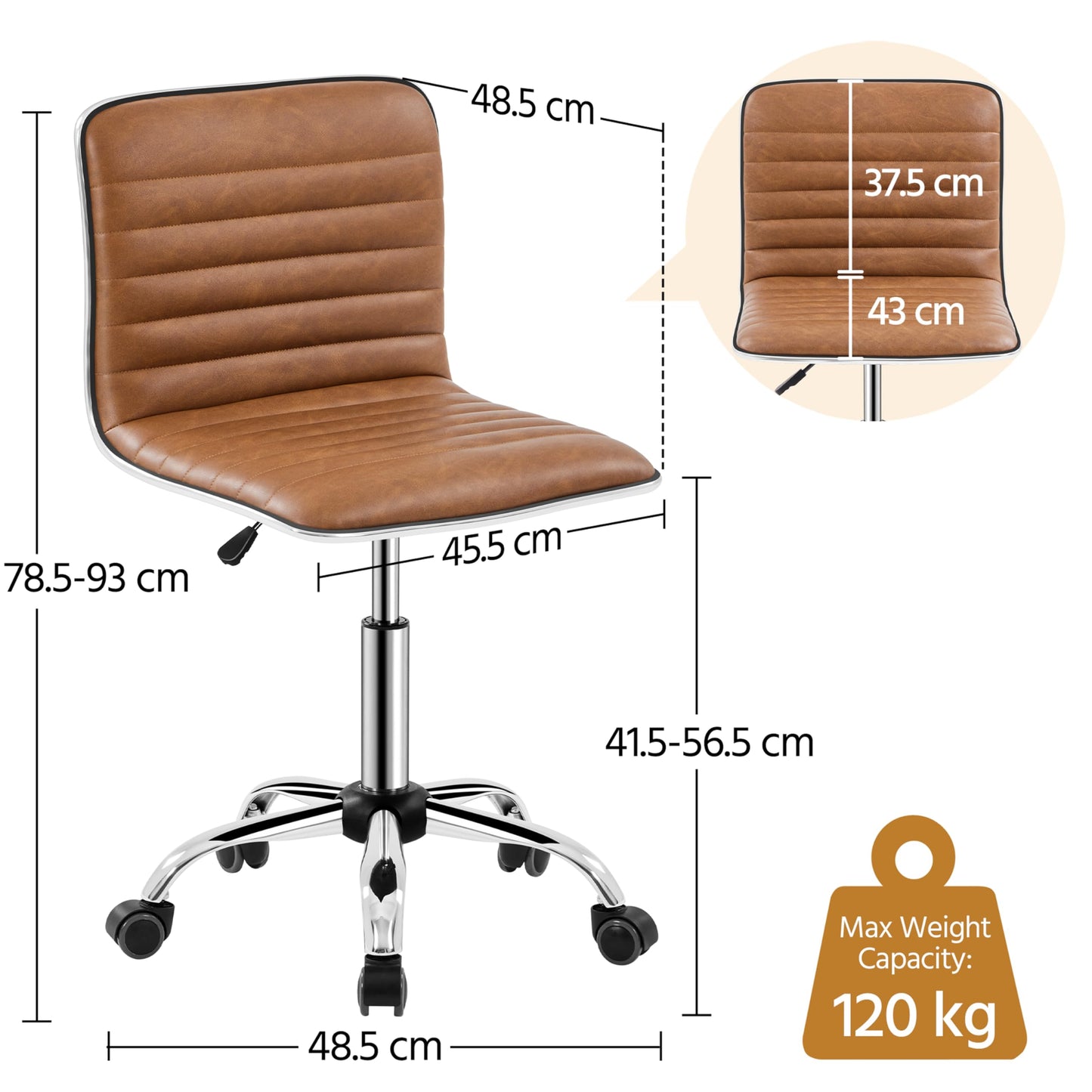 Yaheetech Armless PU Leather Chair Low Back Swivel Comfy Desk Retro Brown