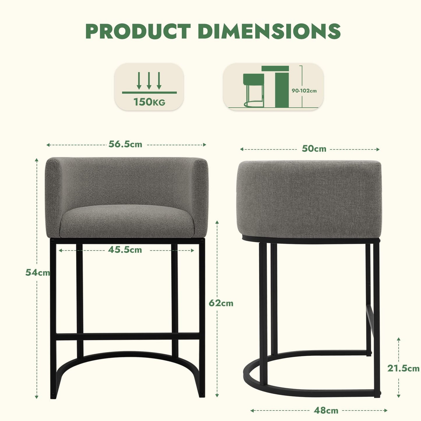 KRAMZMING Counter Height Bar Stools Set of 2, 24 Inch Linen, Gray
