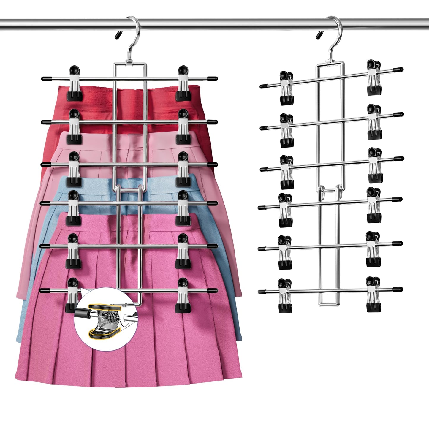 DAMITA Skirt Trouser Hangers with Clips Space Saving Hanging Closet Organizer 6 Tiers Multi Hanger with 360° Swivel Hook